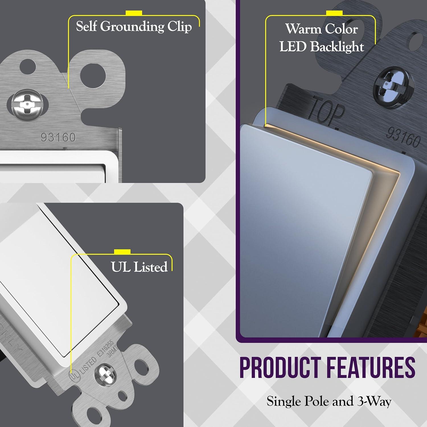 ENERLITES Illuminated 3-Way Decorator Paddle Light Switch, Three Way, Push-In and Side Wiring, Copper Wire Only, Grounding Screw, Residential Grade, 15A 120-277V, UL-Listed, 93160-W, White