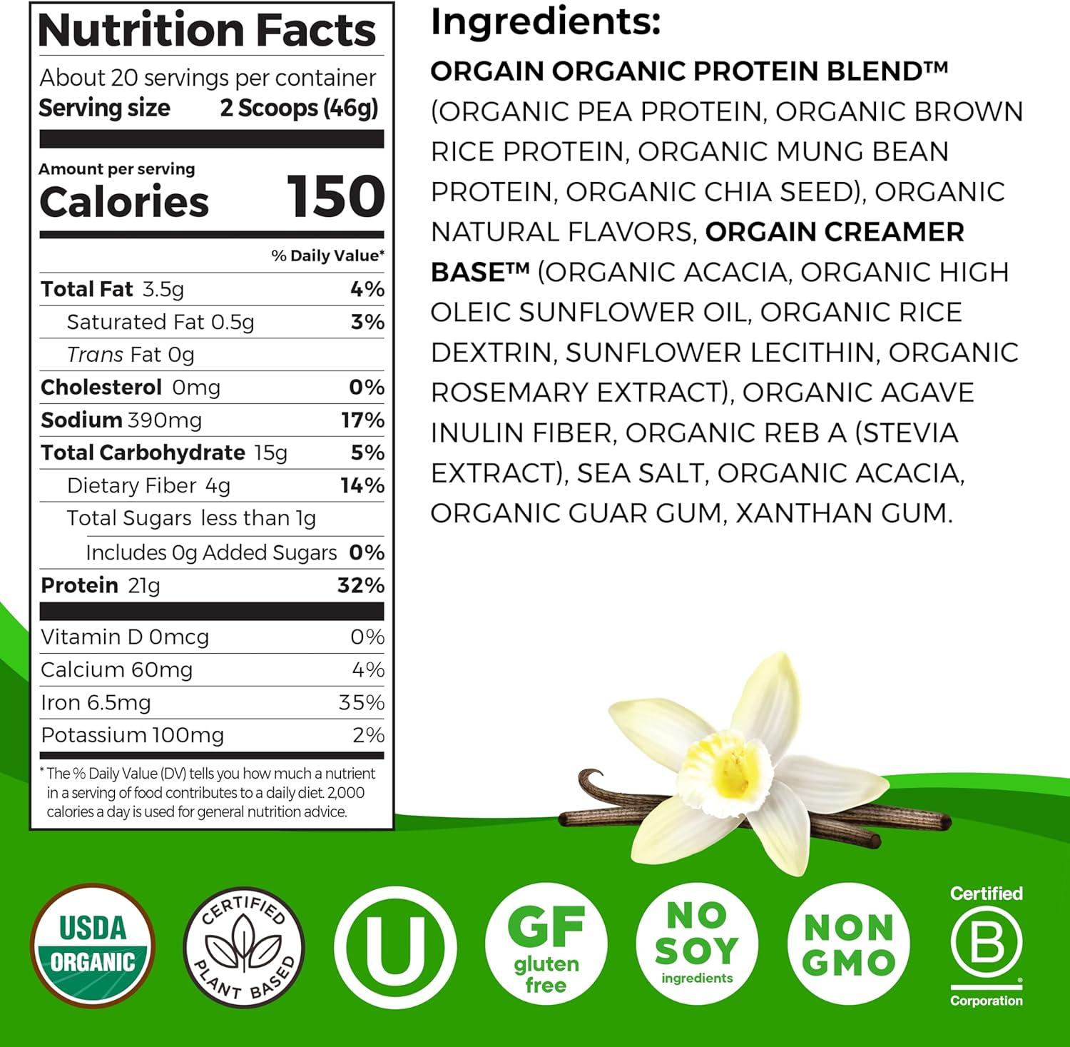 Orgain Organic Vegan 21g Protein Powder, Plant Based Shake Drink, Vanilla Bean 2.03lb