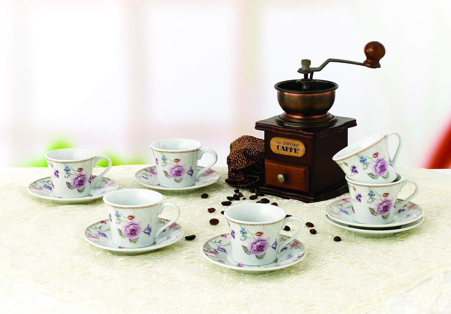 Floral Ceramic Espresso Cups with Saucers and Stand, 13-Piece Set