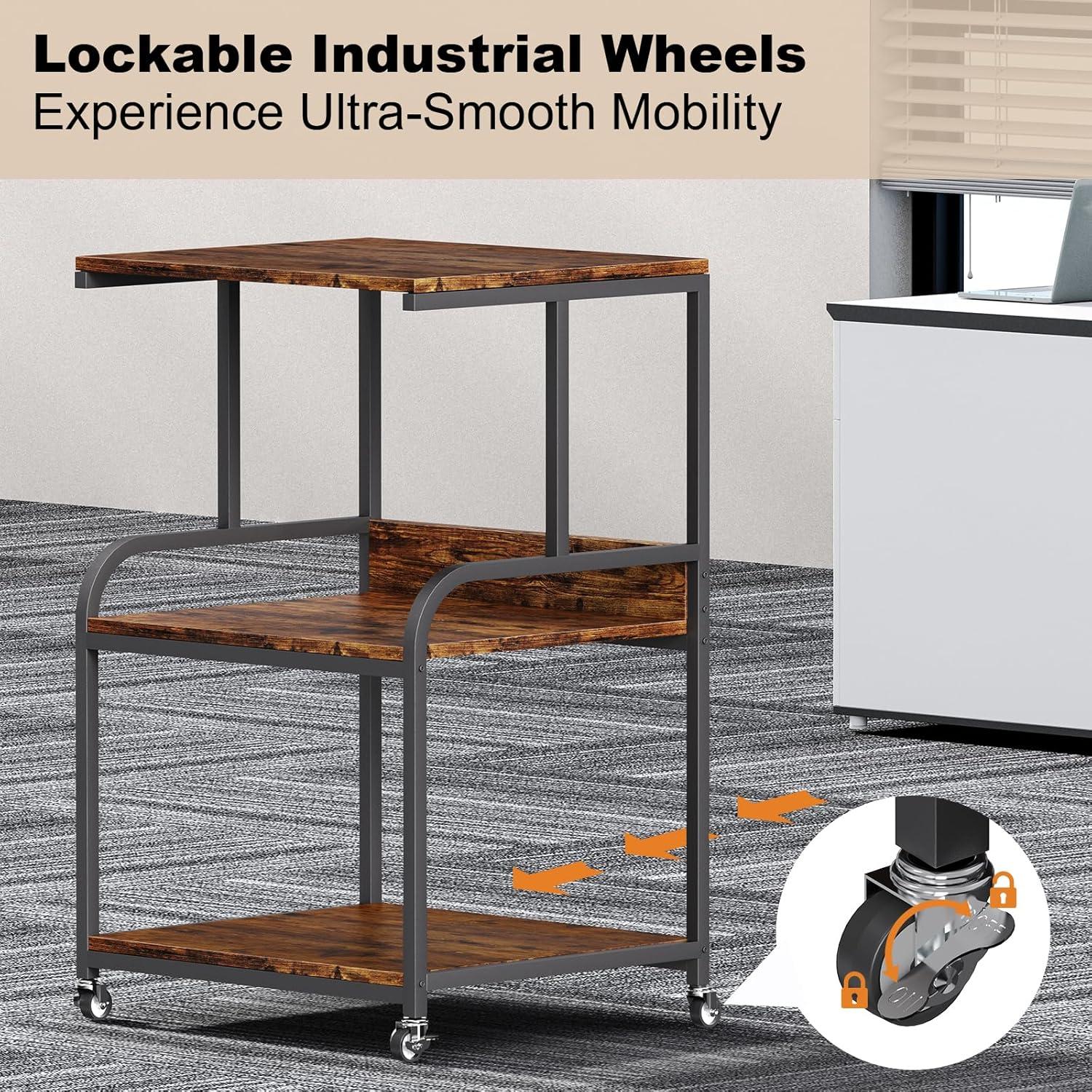 EasyCom 20''x15.7''Large Printer Stand-3 Tier Printer Table with Wheels- Printer Storage Cart- Rolling Printer Cart with Storage Shelf for Printer Scanner Fax Home Office Use- Rustic Brown
