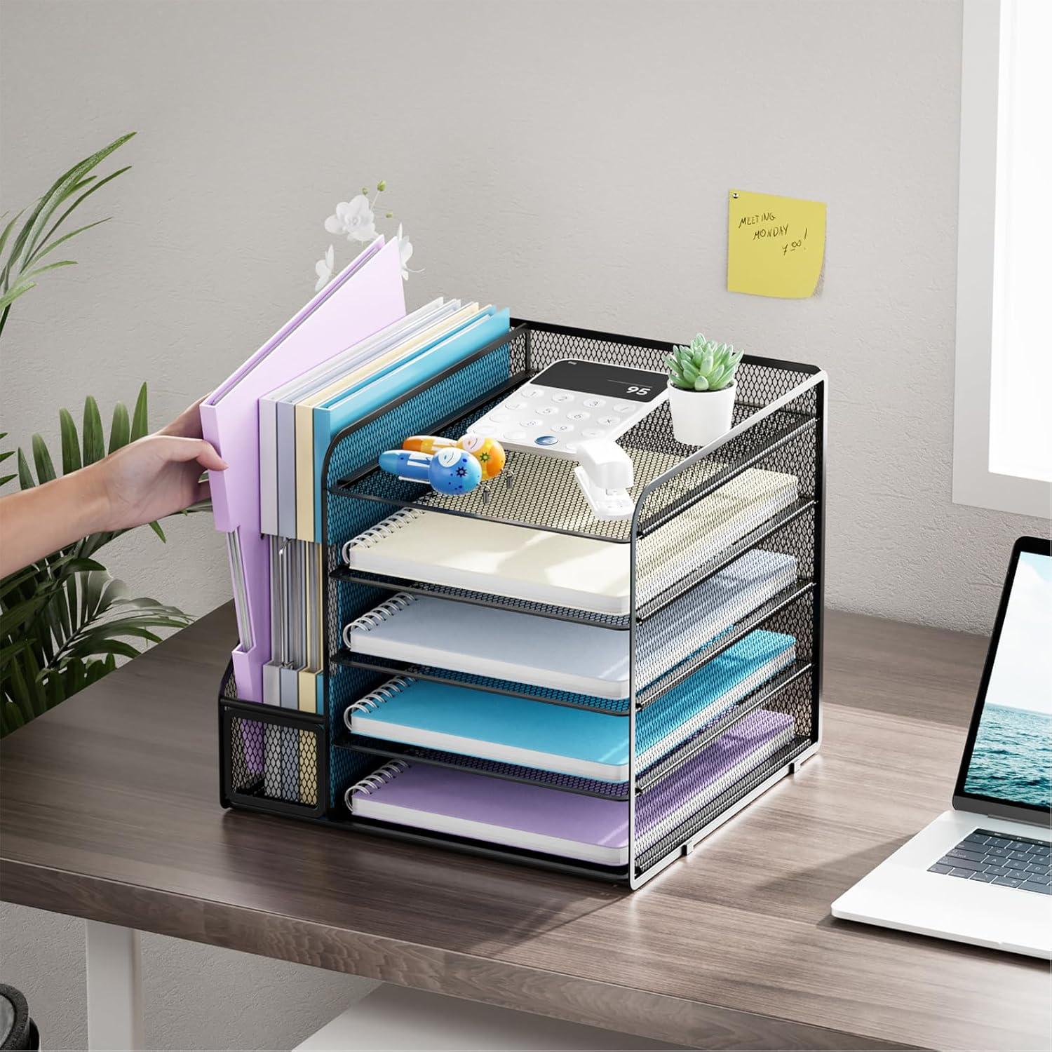 Marbrasse Desk Organizer with File Holder, 5-Tier Paper Letter Tray Organizer, Mesh Desk Organizers and Accessories with Magazine Holder, Desktop Organizer and Storage for Office Supplies