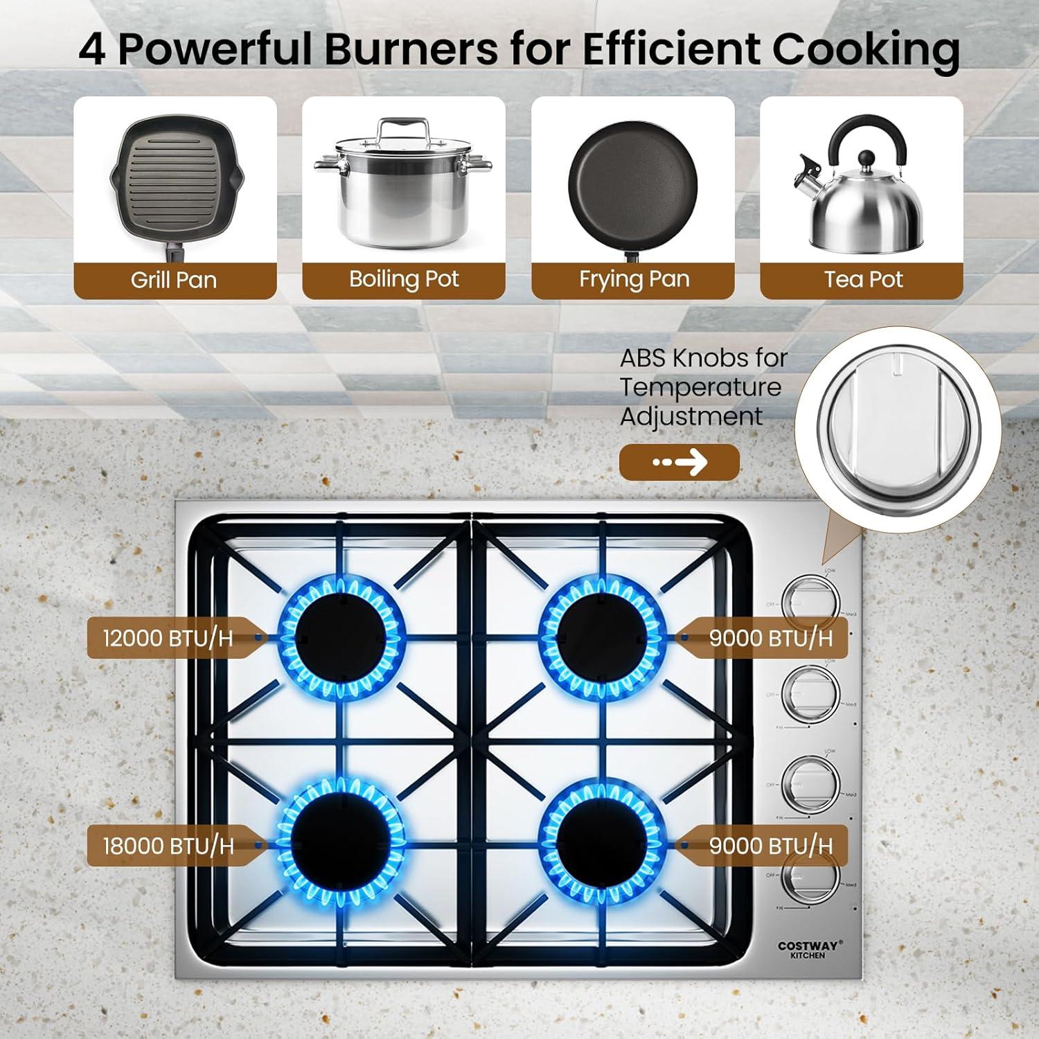 Costway 30" Gas Cooktop with 4 Sealed Burners ABS Knobs Cast Iron Grates Easy Cleaning