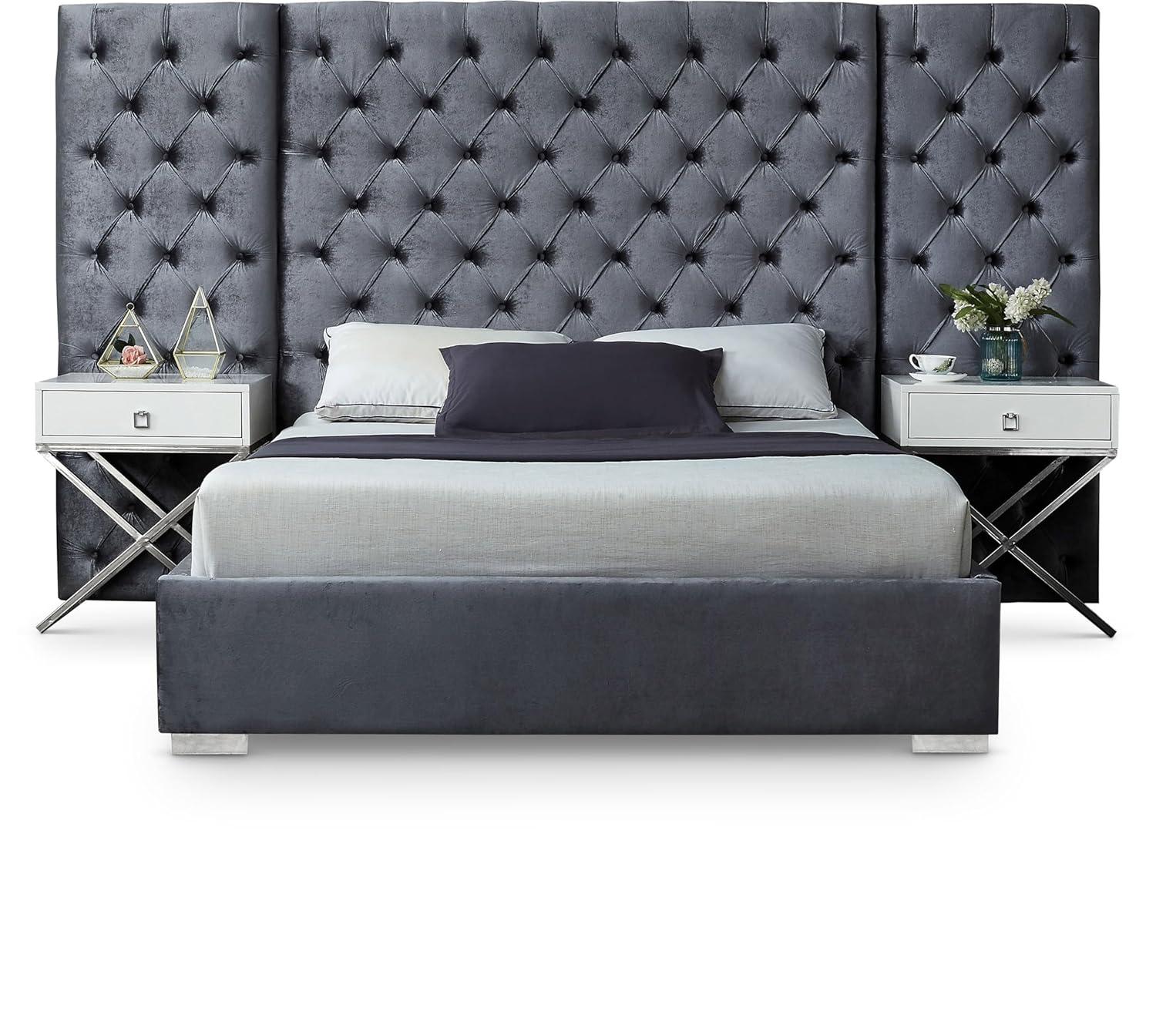 Meridian Furniture Grande Solid Wood and Velvet King Bed in Gray