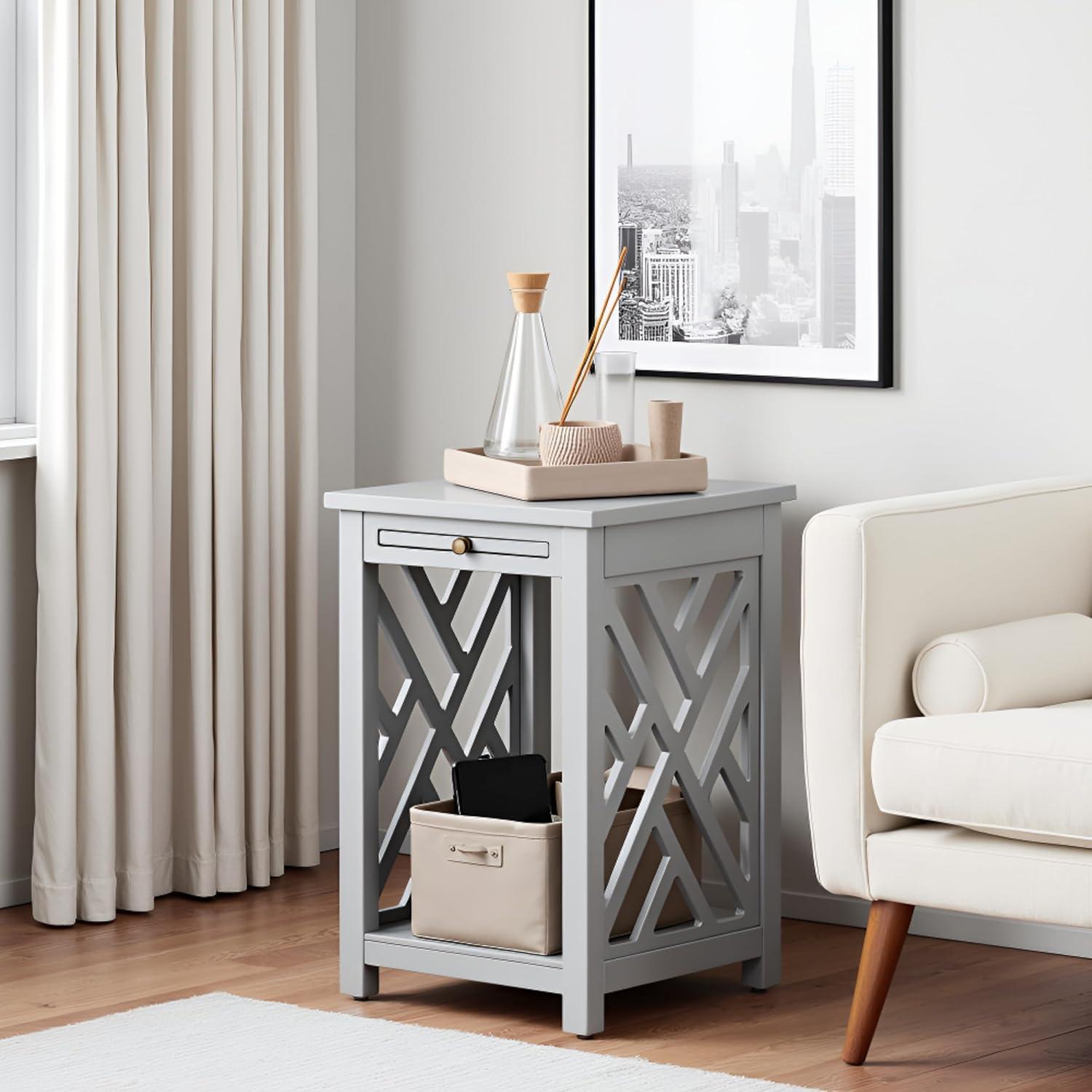 Alaterre Furniture Coventry Wood End Table with Tray Shelf and Bottom Shelf, Gray