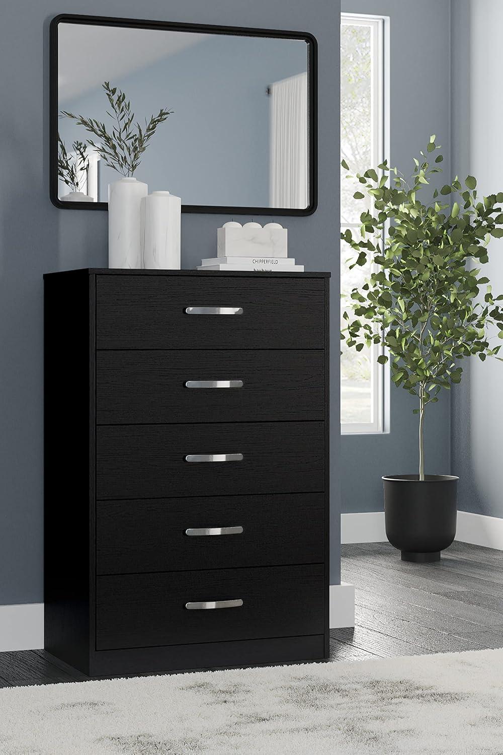 Modern Black 5-Drawer Chest with Sleek Metal Pulls