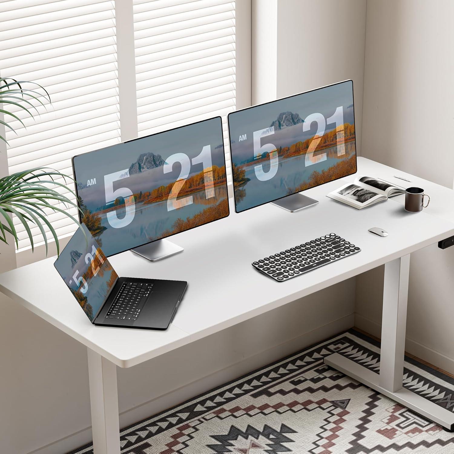 White Adjustable Height Standing Computer Desk with Headphone Hook