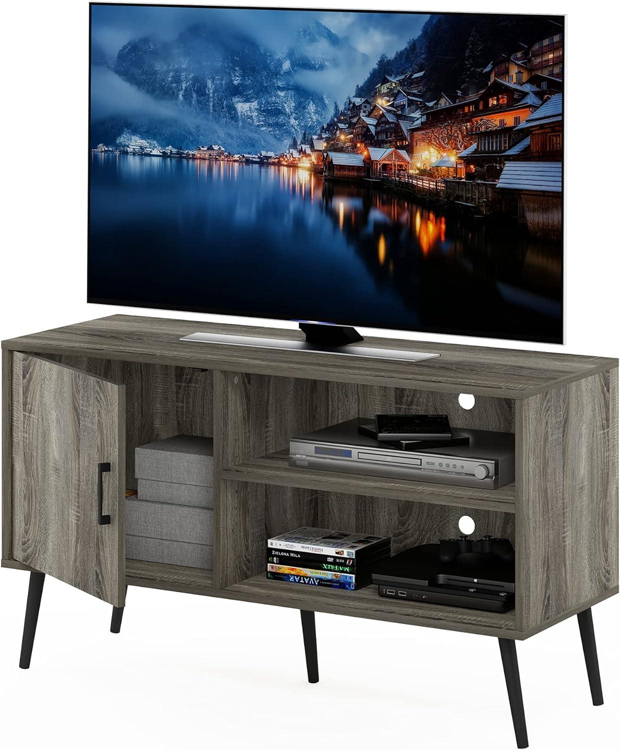 Claude French Oak Grey Mid-Century TV Stand with Cabinet