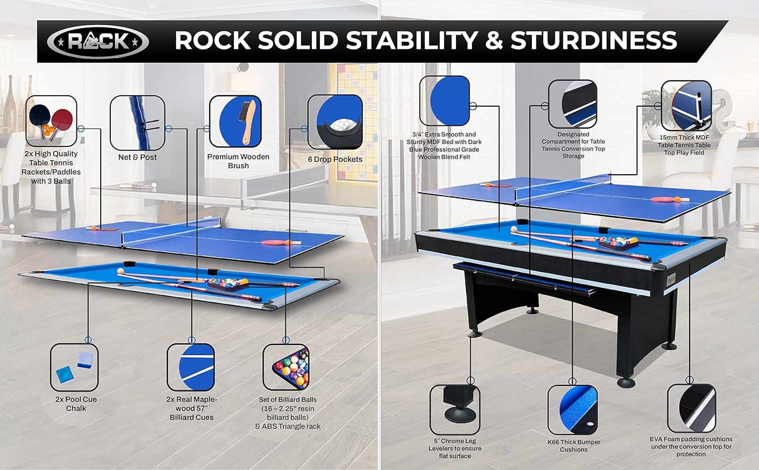 RACK Scorpius 7-Foot Multi Game Billiard/Pool with Table Tennis (Blue Felt with Black Body)