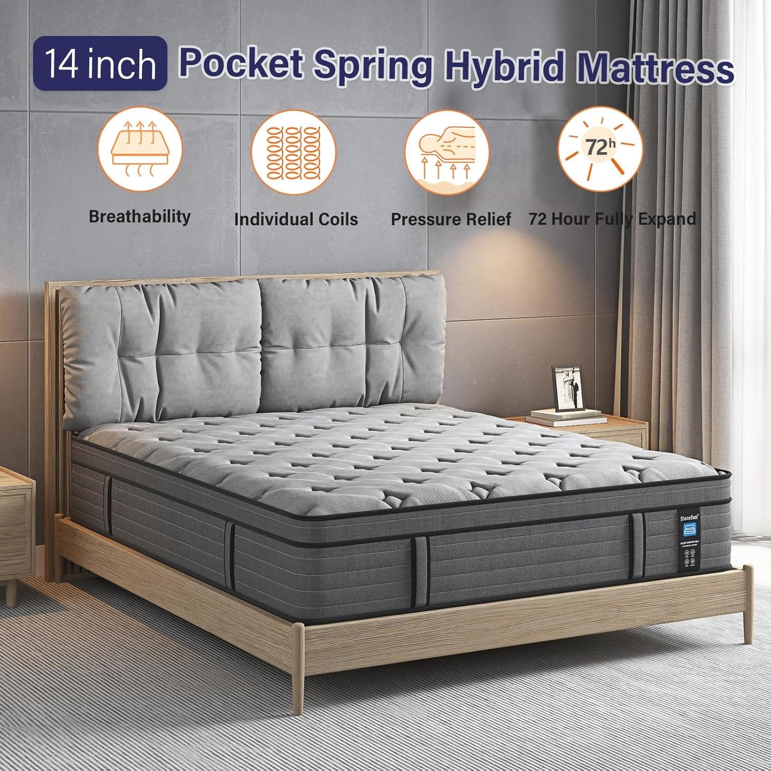 Slecofom 14 Inch Queen Mattress, Medium Firm Hybrid Queen Size Mattress in a Box, Pressure Relief Cooling-Gel Memory Foam, Breathable Knitted Cover, Pocket Spring-Motion Isolation, Fiberglass-Free