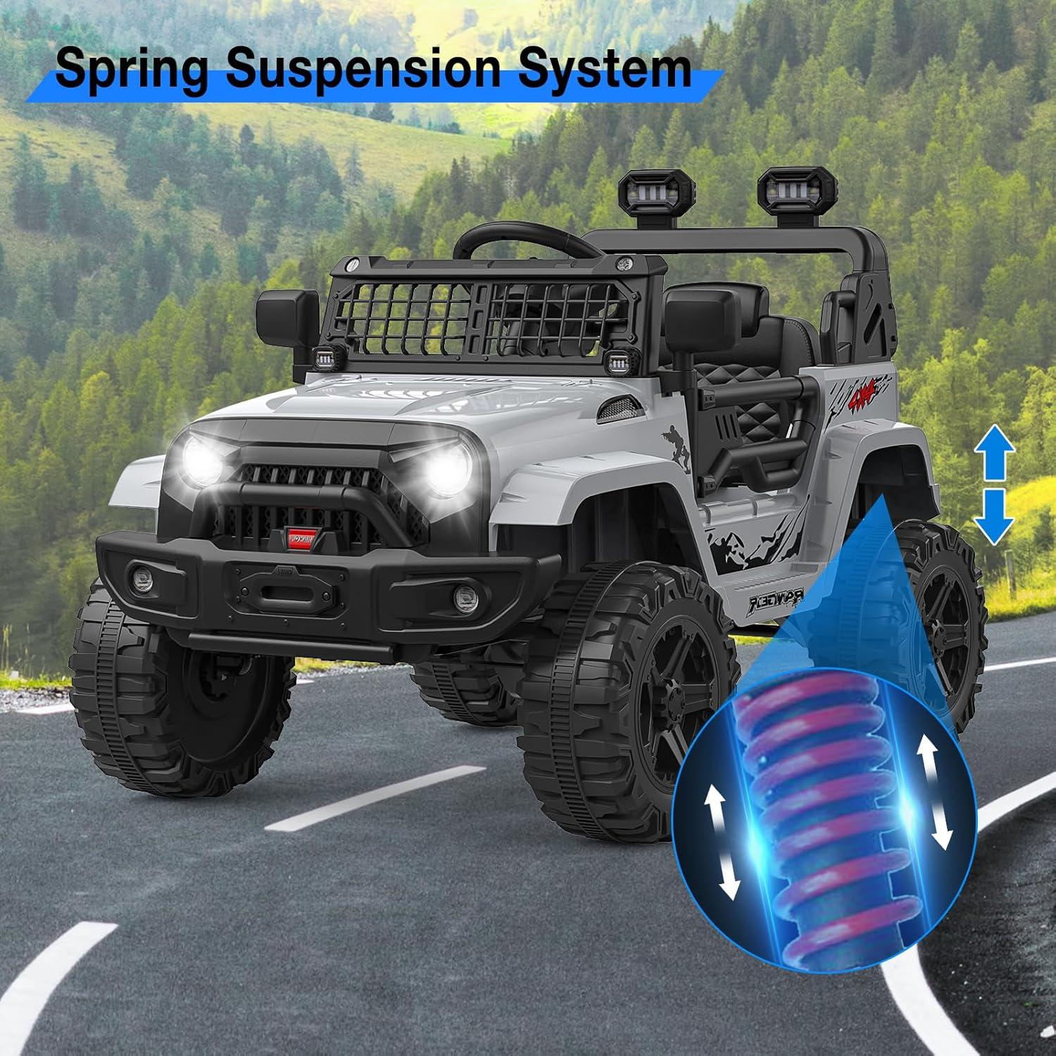 Ride on Truck Car 12V Kids Electric Vehicles with Remote Control Spring Suspension, LED Lights, Bluetooth, 2 Speeds