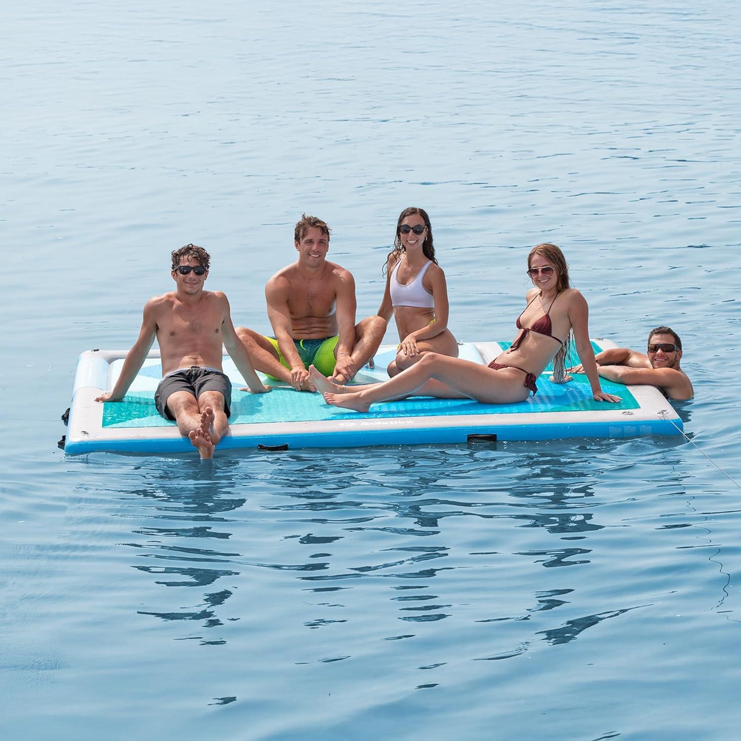 Solstice 10 Foot x 8 Foot Inflatable Convertible Floating Slide Dock Water Lounger Platform with Pump and Storage Bag for Lakes, Pools, and Rivers