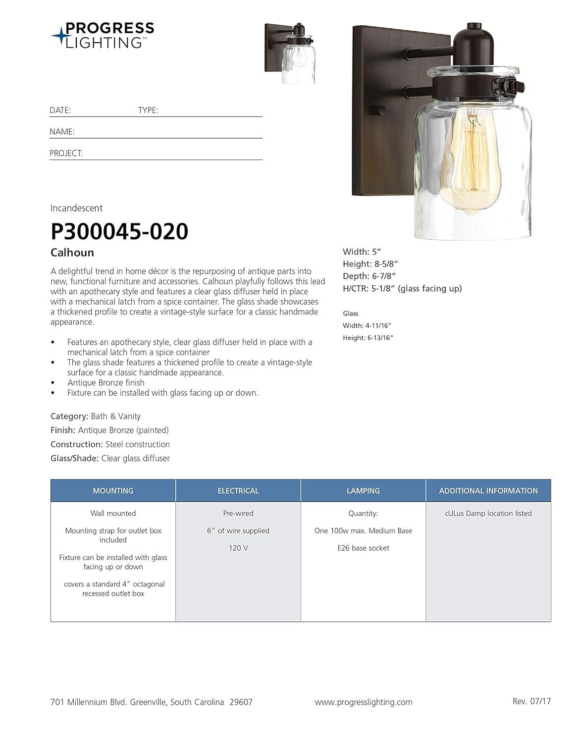 Progress Lighting Calhoun 1-Light Bath & Vanity, Steel, Antique Bronze, Clear Glass Shade