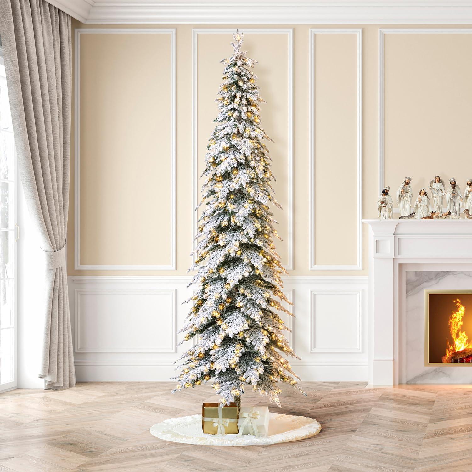 11ft Warm White Pre-Lit Flocked Narrow Spruce Christmas Tree