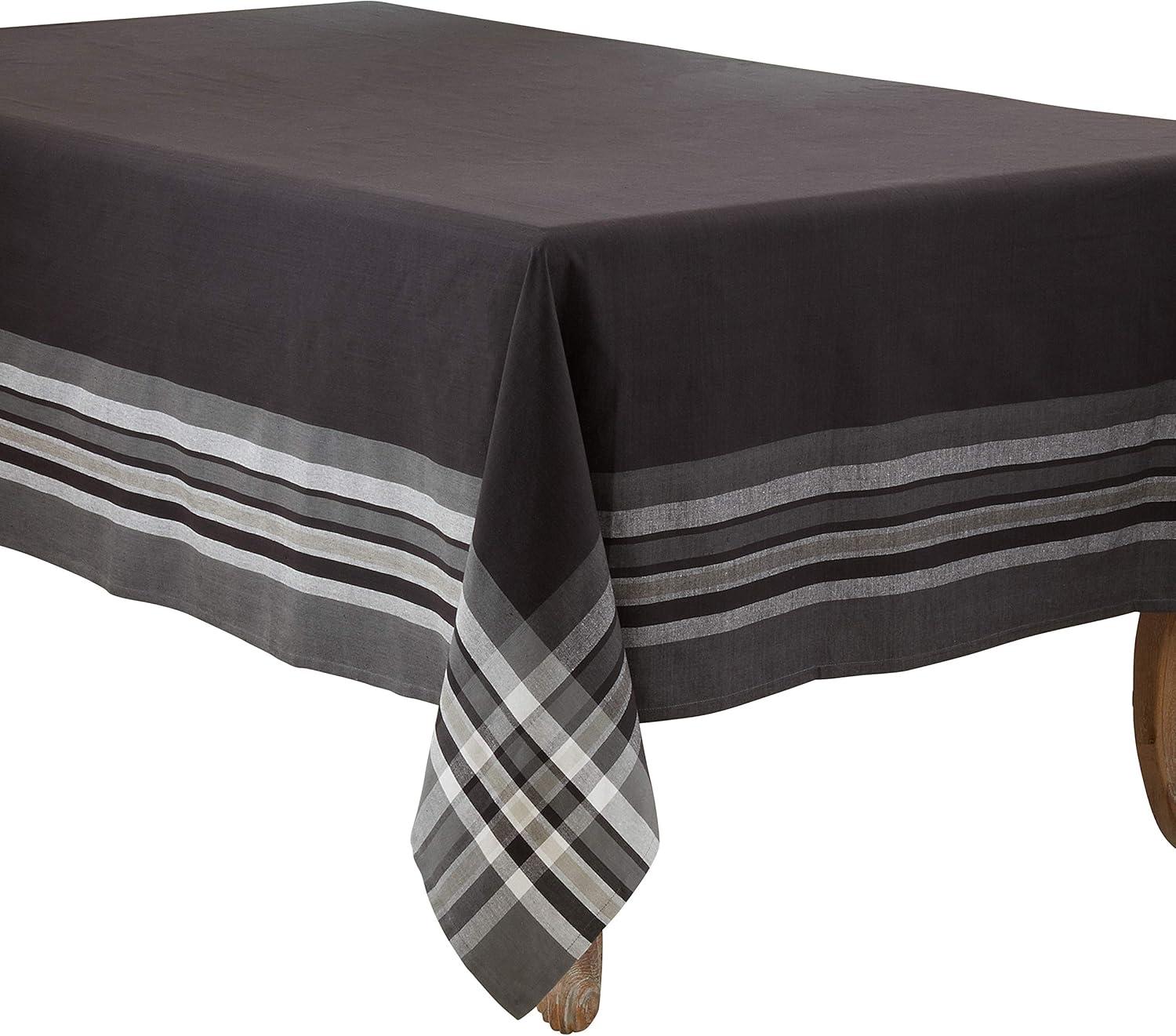 Gray Cotton Tablecloth with Striped Border, 70" x 120"