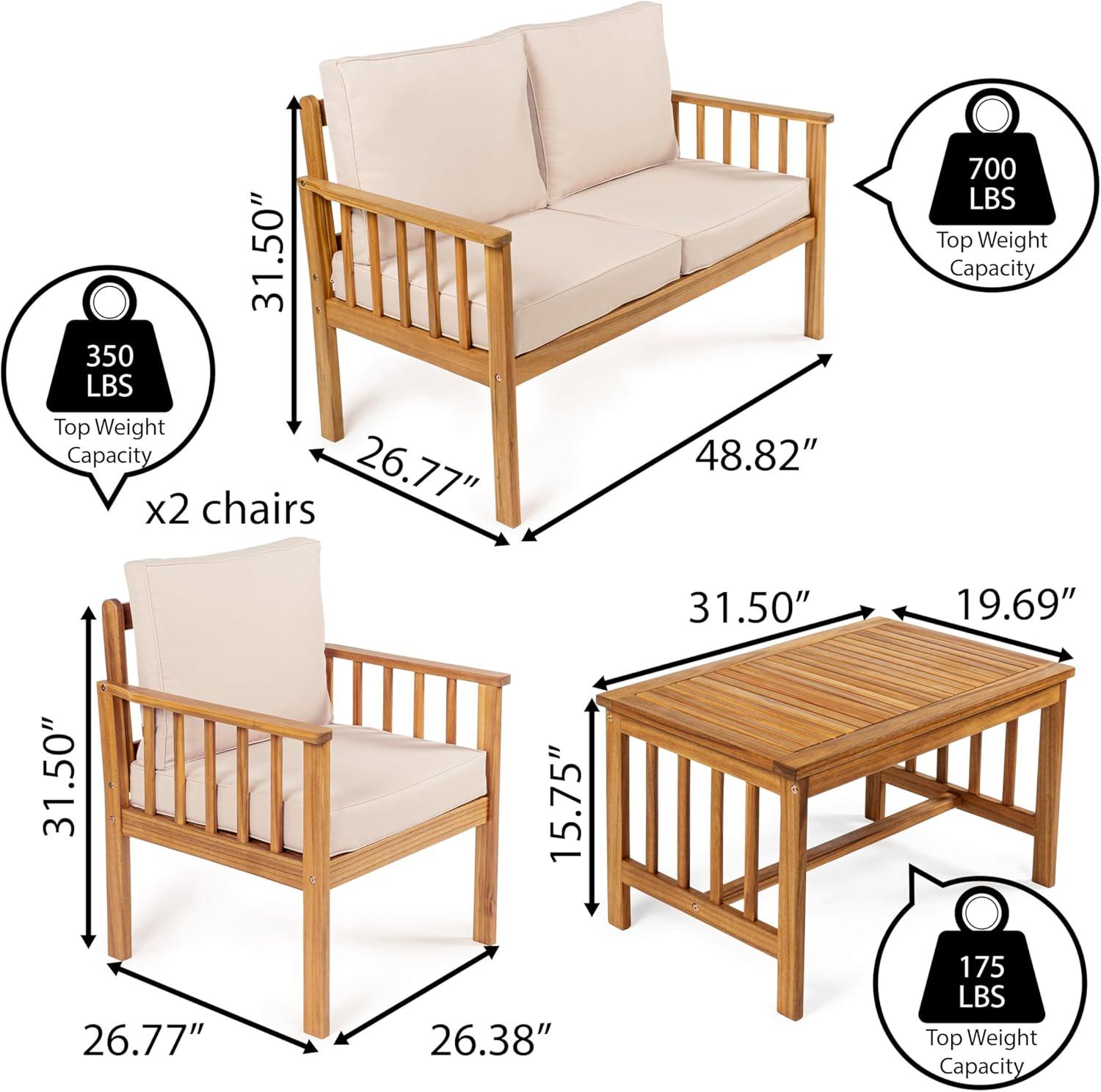 Everly 4-Piece Modern Cottage Acacia Wood Outdoor Patio Set with Cushions and Tropical Decorative Pillows - JONATHAN Y