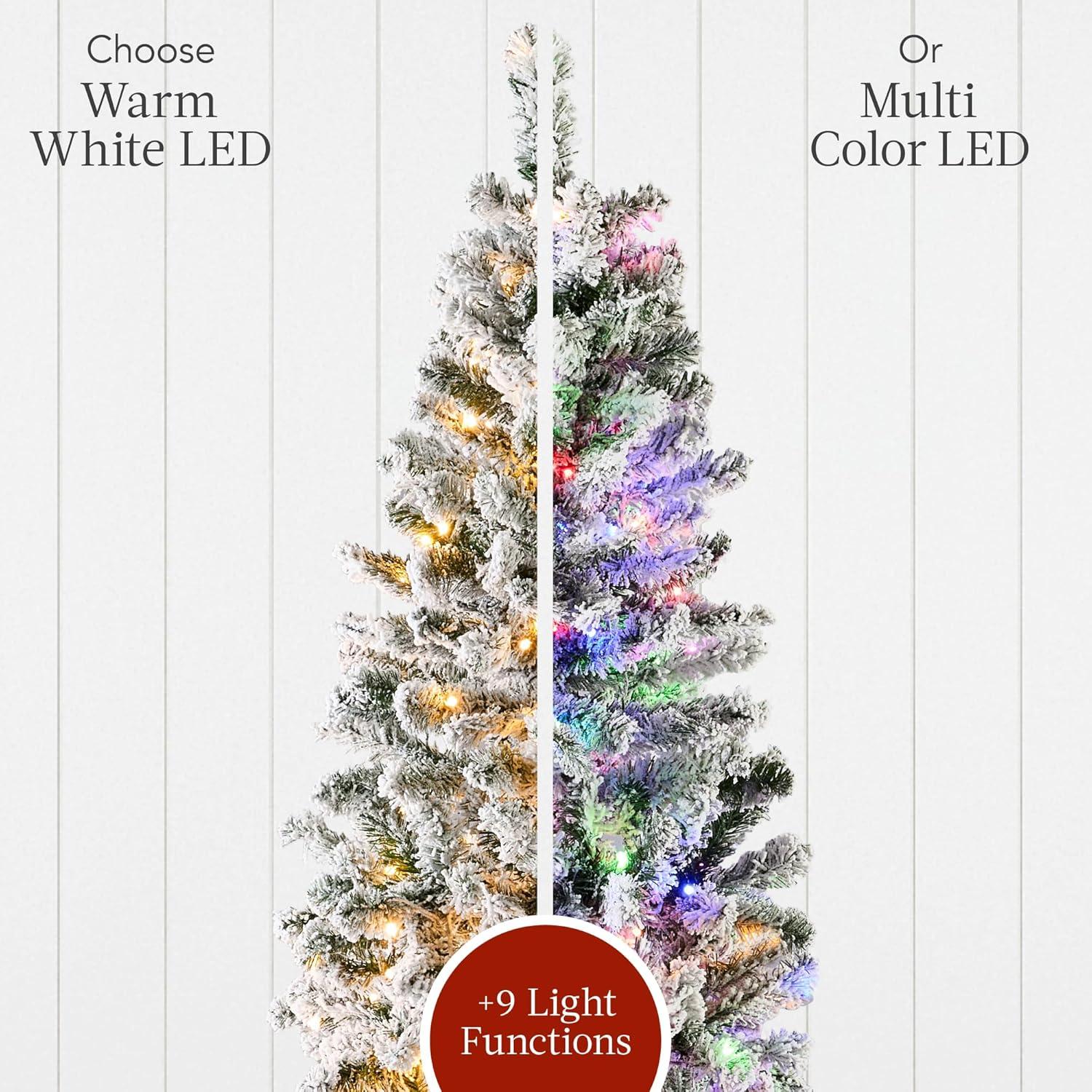 Best Choice Products 4.5ft Prelit Artificial Snow Flocked Pencil Christmas Tree 150 Multicolored/ Warm-White Light Modes