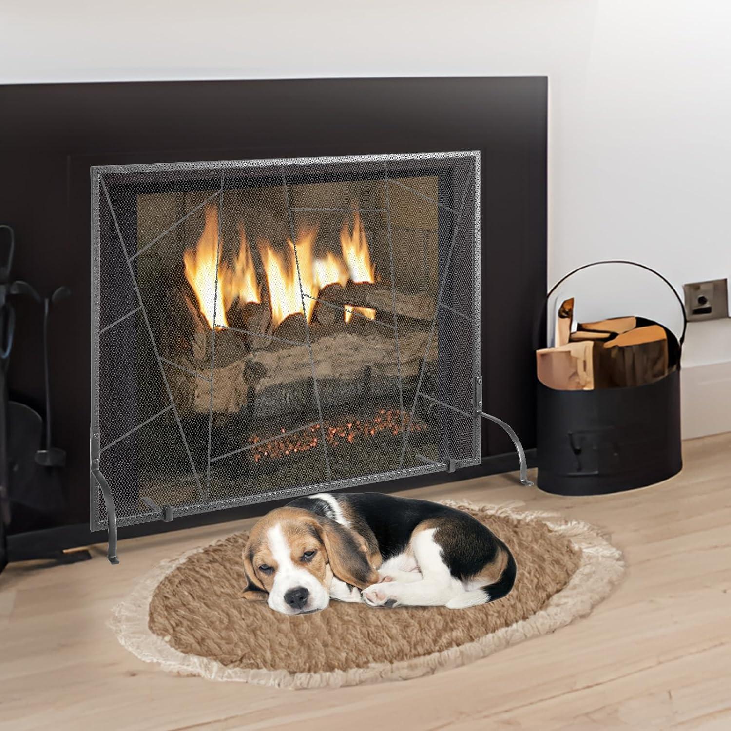 VEVOR Fireplace Screen Single Panel, Sturdy Iron Mesh Fireplace Screen, 35.6"(L) x28.4(H) Spark Guard Cover, Simple Installation, Free Standing Fire Fence Grate for Living Room Home Decor Modern