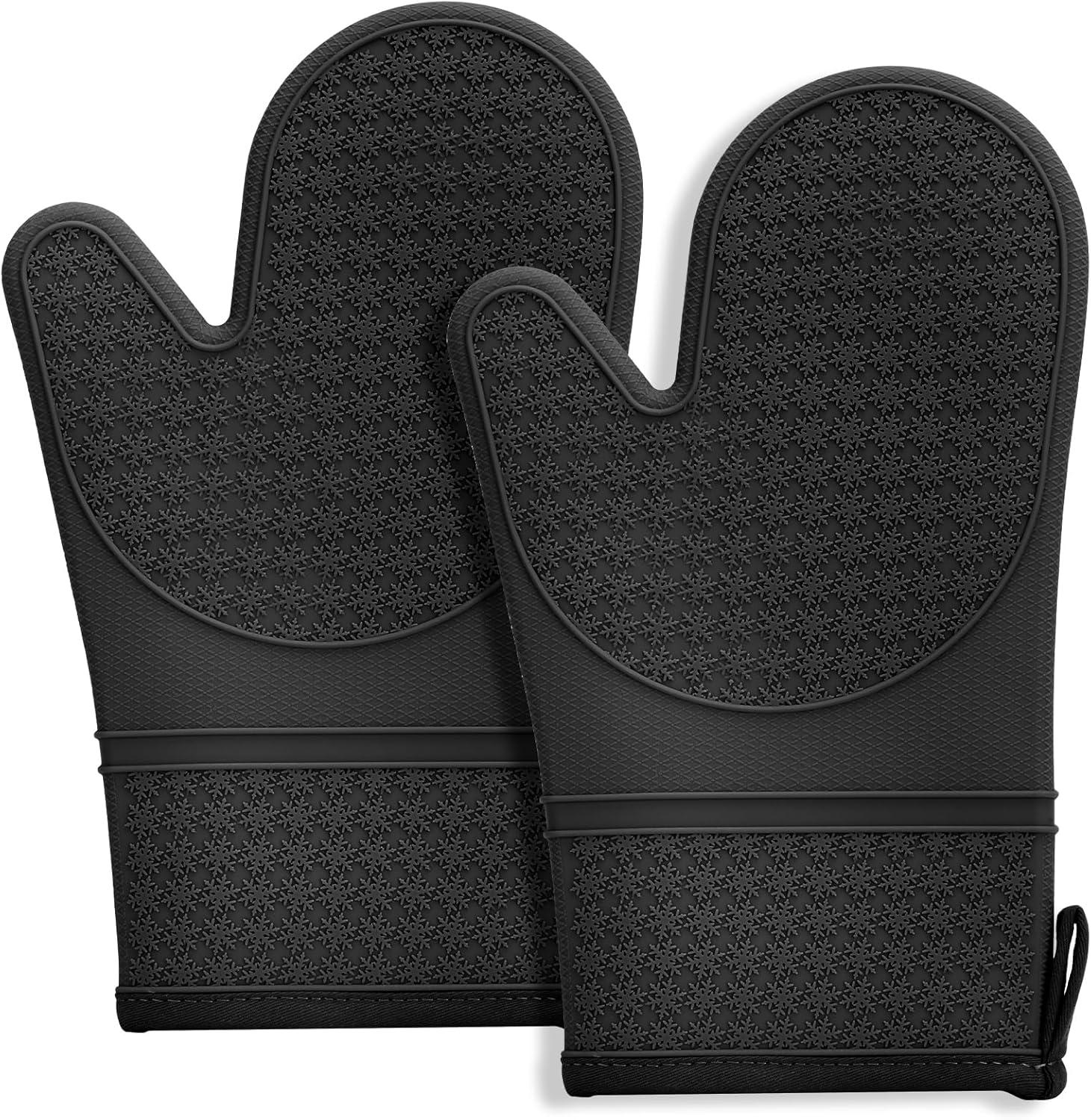 Silicone Oven Mitts, Oven Gloves with Non-Slip Waterproof - 2PCS Black Oven Mittens Heat Resistant 600 Degree, Soft Lining Silicone Oven mits for Cooking Baking Kitchen Mitten