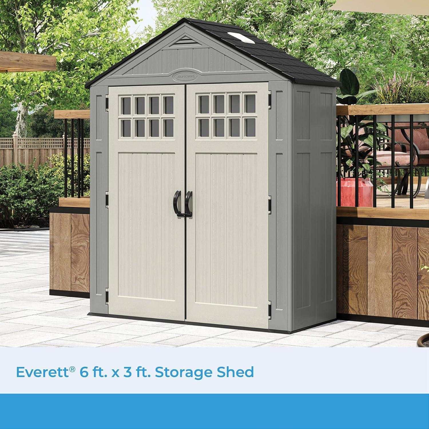 Suncast Everett Outside Storage Equipment Shed with Double Door Entry, Gray