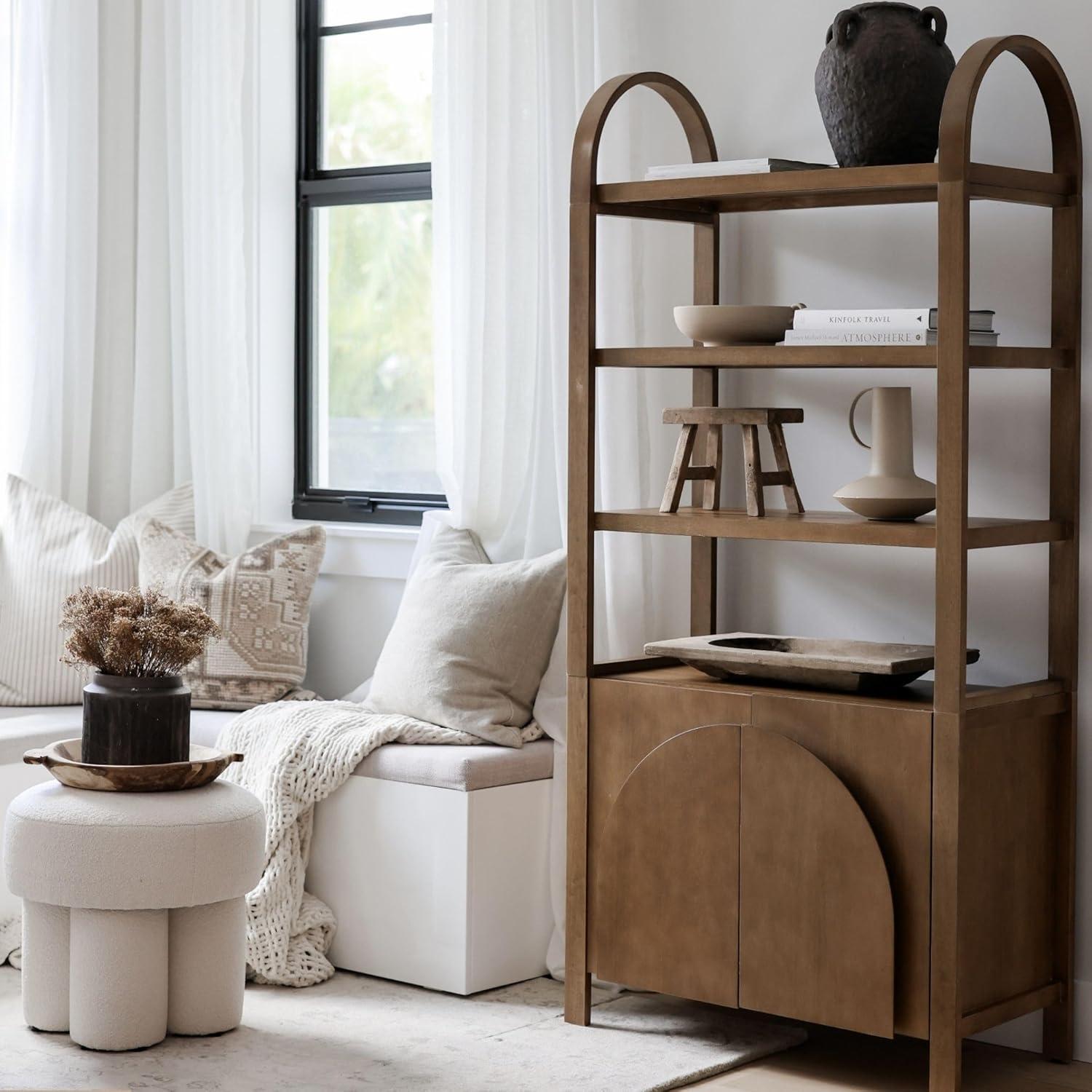 3 Tier Arched Bookshelf With Cabinet Base And Solid Wood Frame (2-Piece Set)