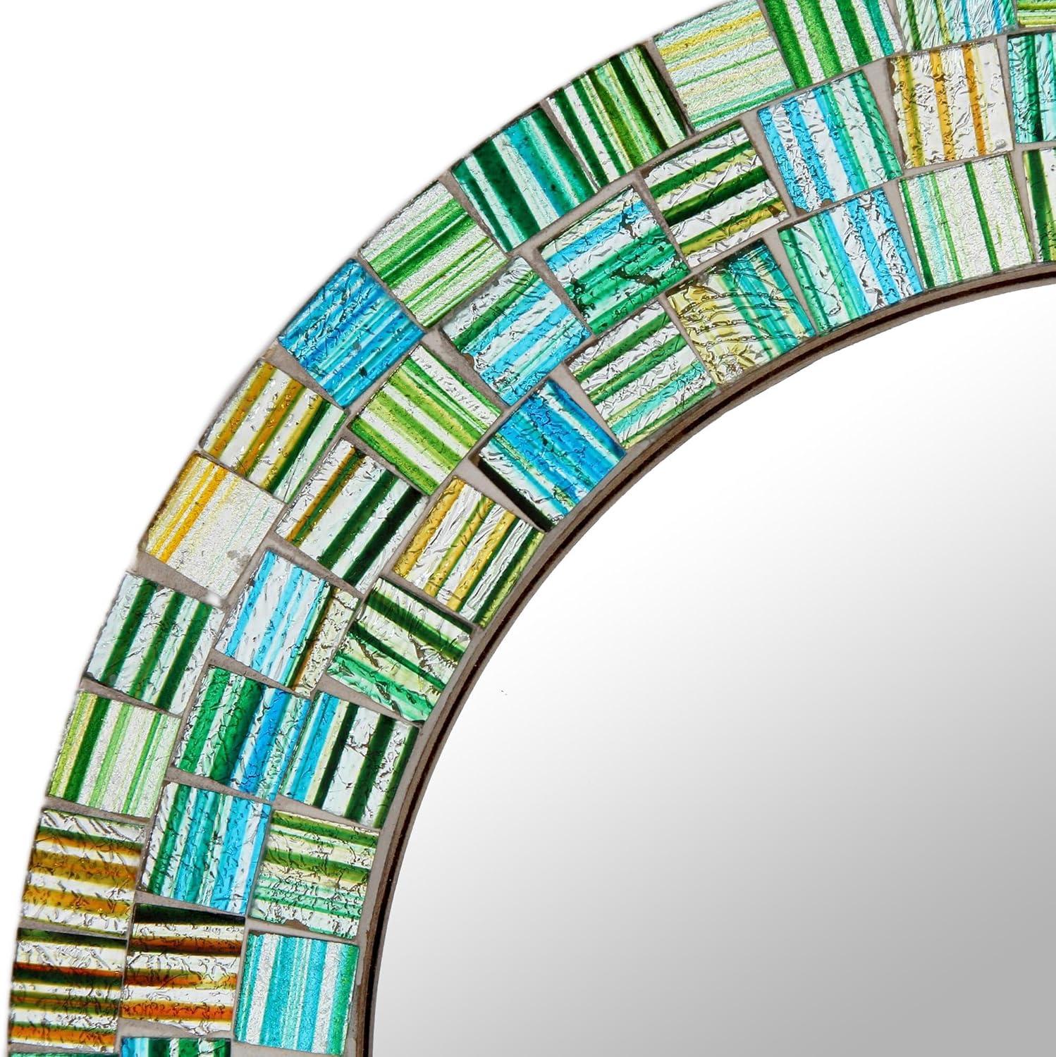 Aqua Trellis Round Wood Framed Mosaic Wall Mirror