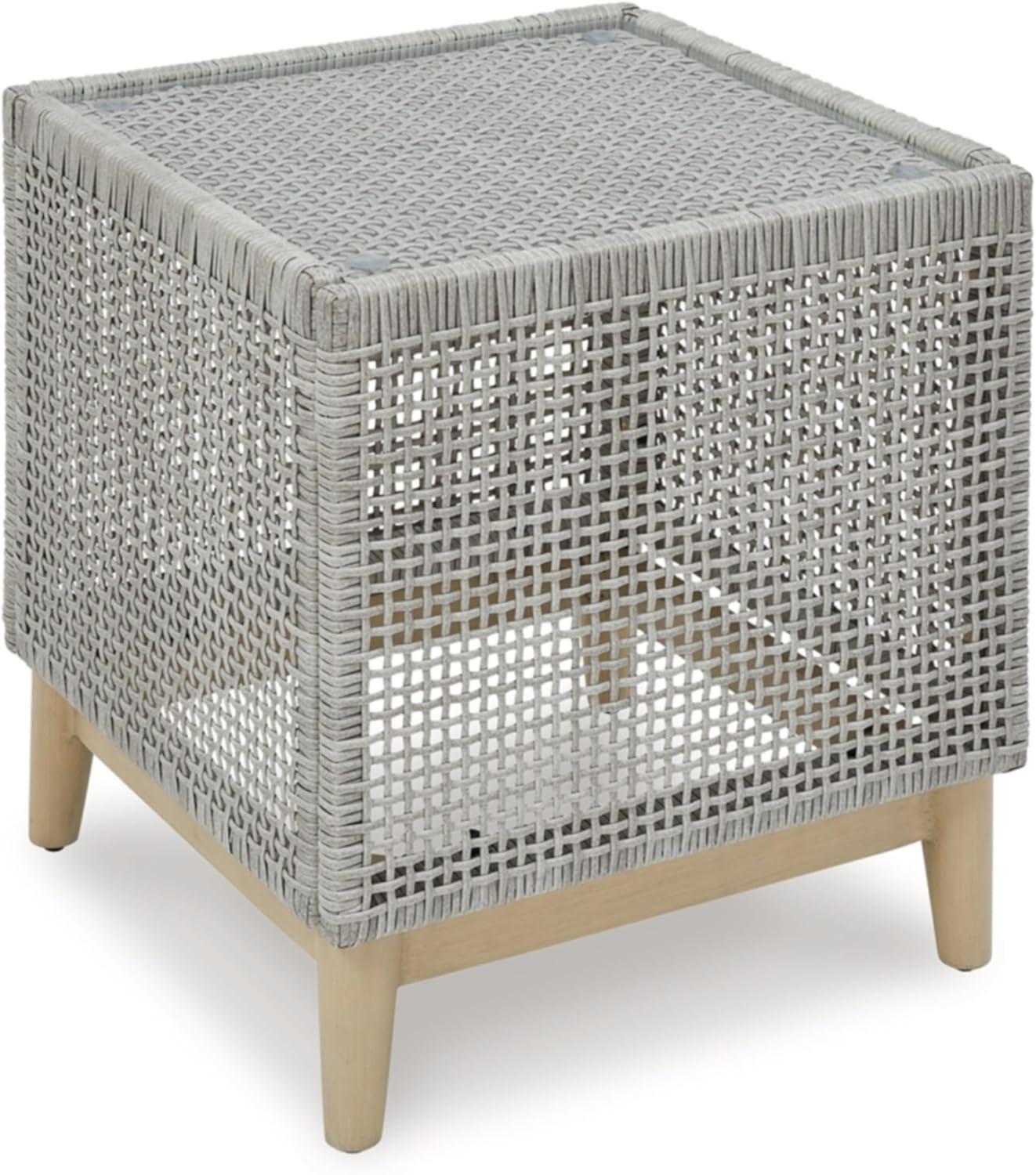 Gray Square Resin Wicker Outdoor End Table with Glass Top