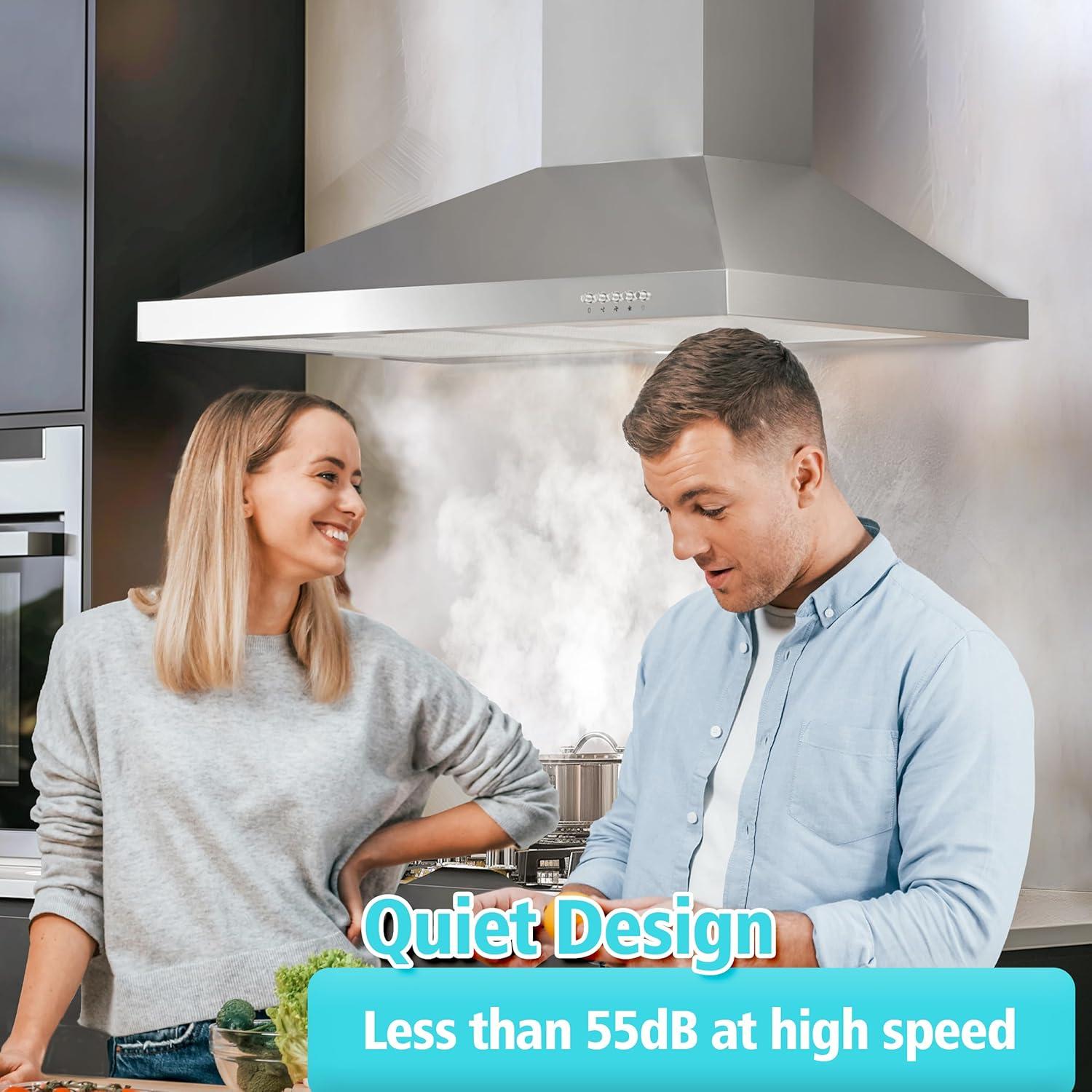 FIREGAS Range Hood 30 inch Wall Mount Type with Ducted/Ductless Convertible, 450 CFM Stainless Steel Chimney-Style Kitchen Hood, Over Stove Vent Hood with 3 Speed Fan, LED Light, Charcoal Filters