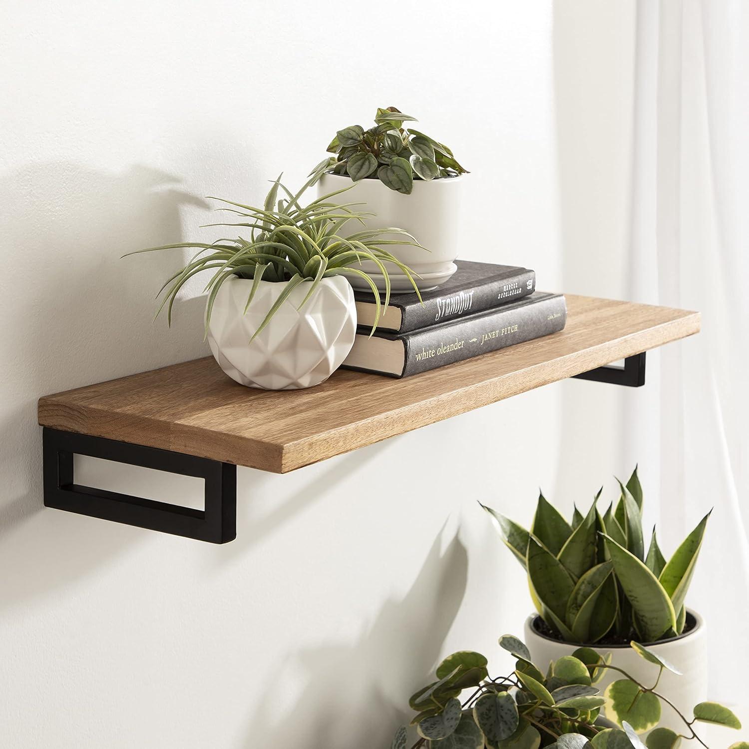 Lankford 24" Natural Wood and Black Modern Floating Wall Shelf