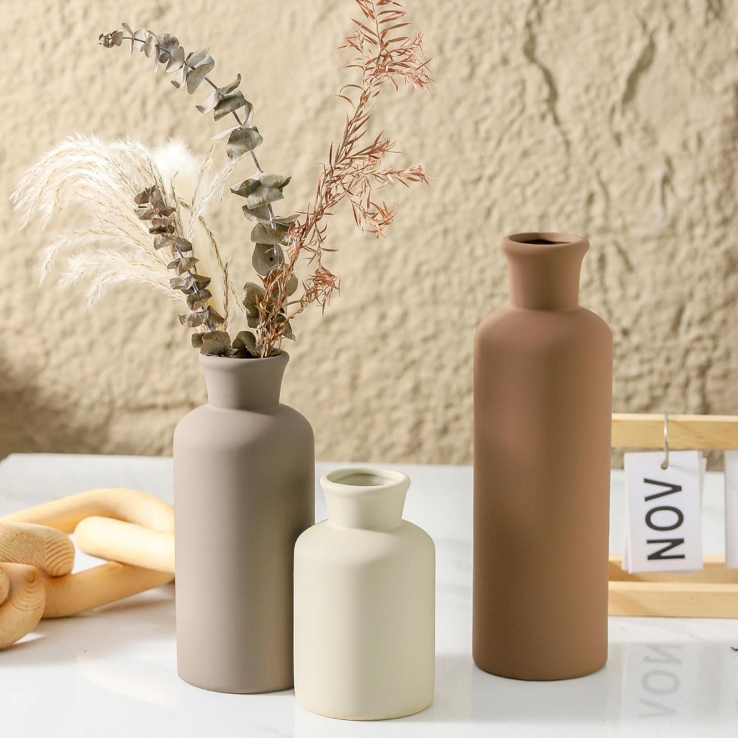 Lark Manor™ Set Of 3 Ceramic Vases, Modern Neutral Home Decor For Farmhouse, Rustic, Or Boho Style - Perfect For Fresh Or Dried Flowers, Table, Mantel, Shelf, Entryway, Living Room, Kitchen, Bathroom - Brown