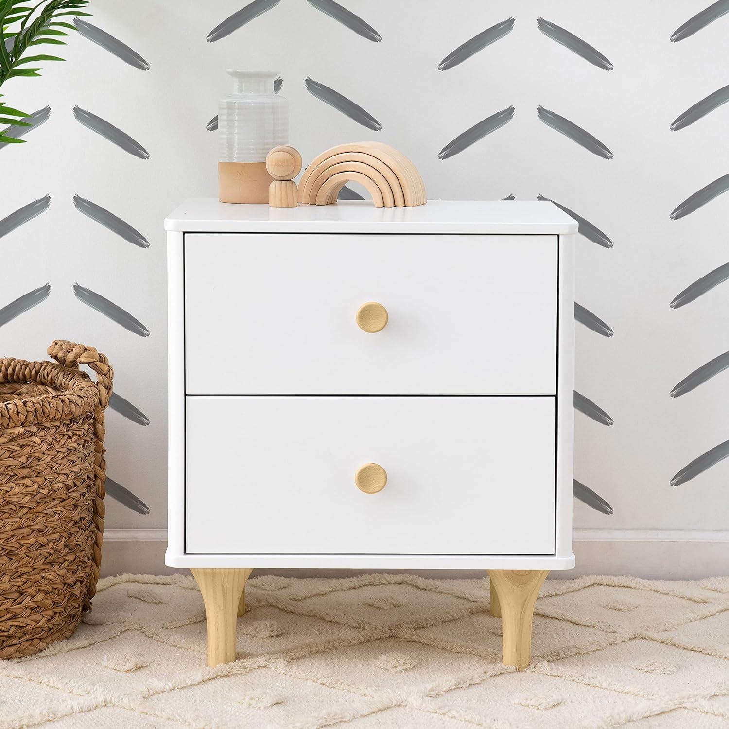 White and Natural 2-Drawer Nightstand with USB Port