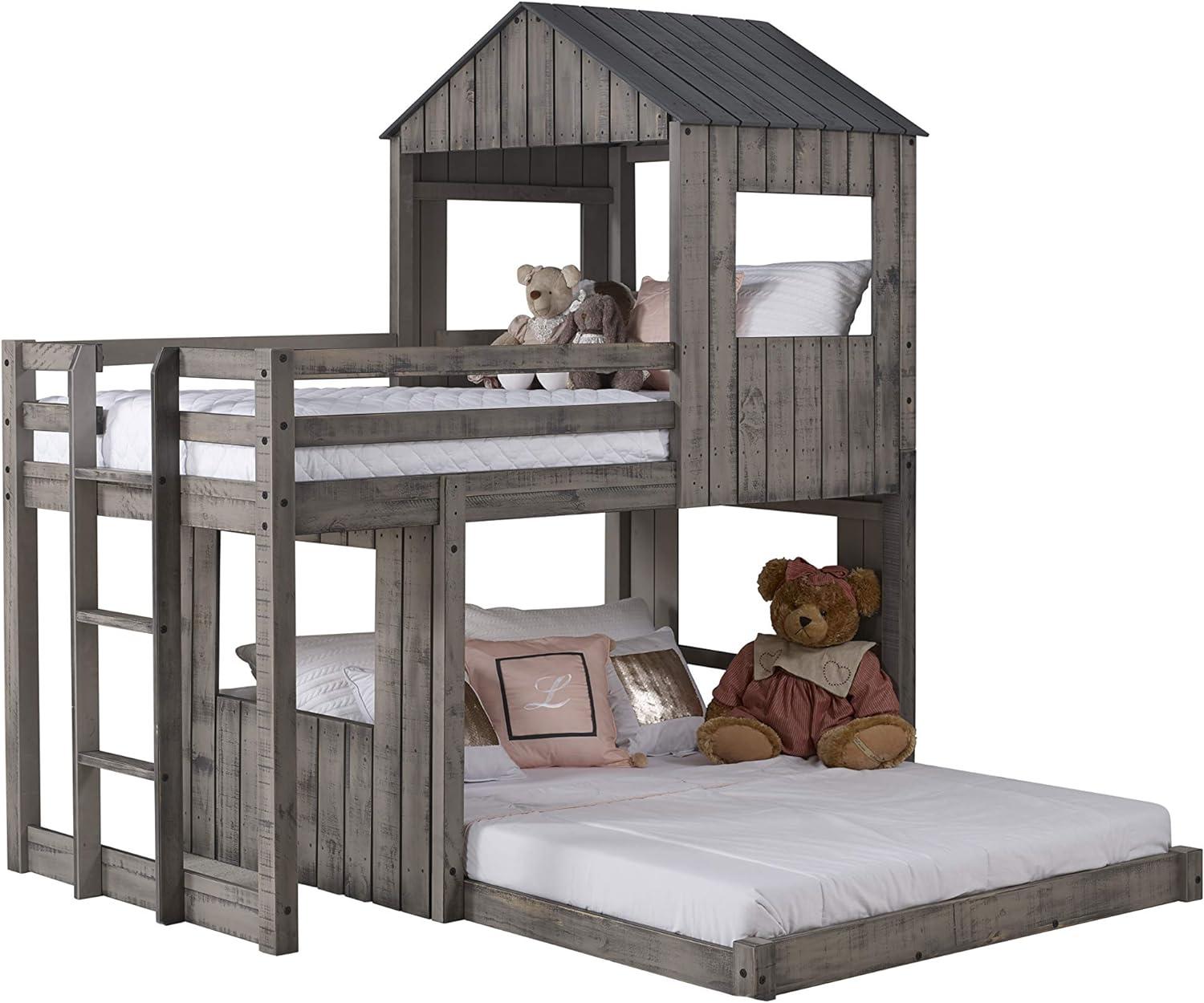 Rustic Gray Pinewood Twin Over Full Loft Bunk Bed with Drawers