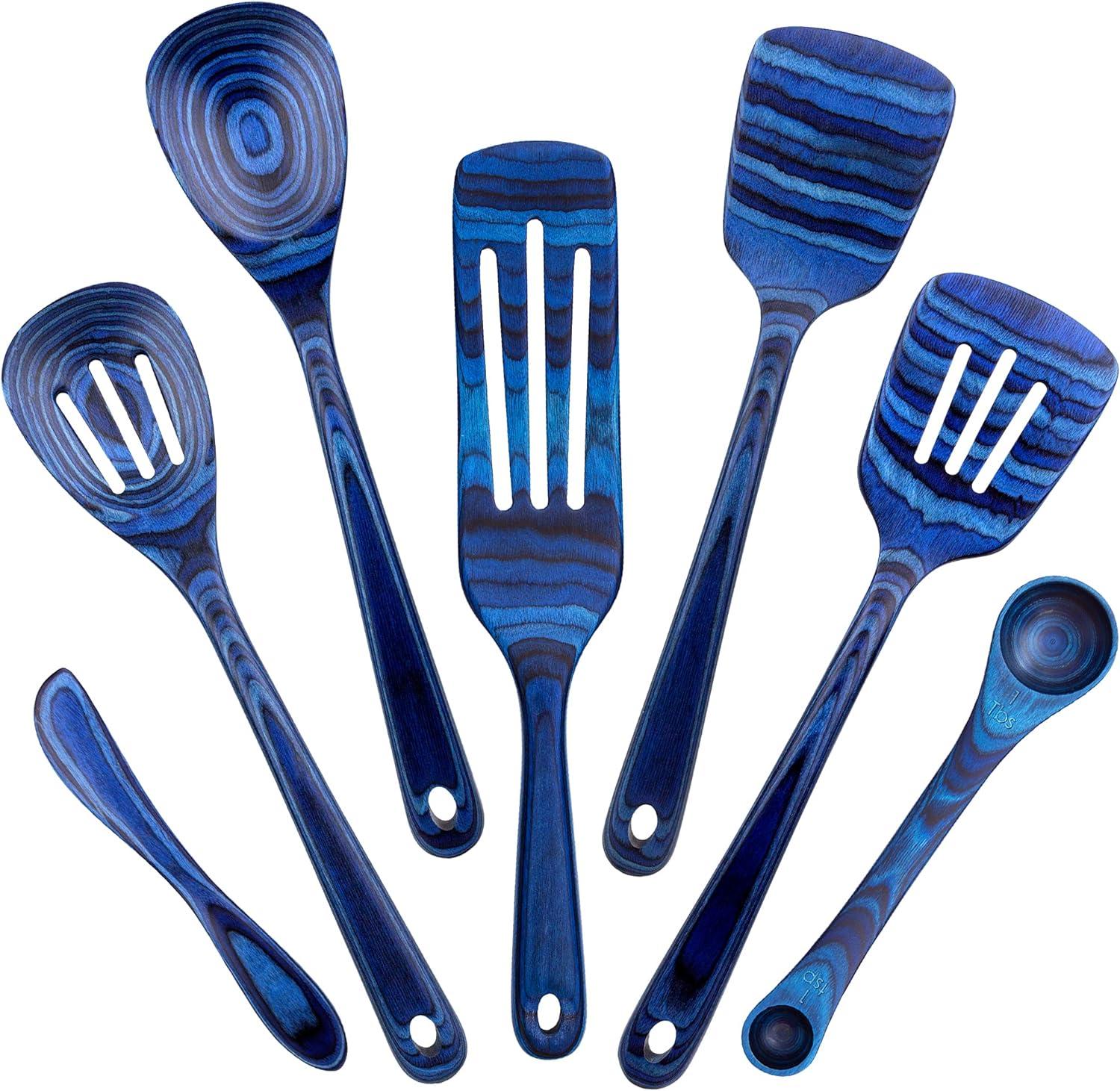 Baltique 7pc Malta Kitchen Utensil Set: Wood Cooking Tools, Hand Wash, Blue, Adult Use, Includes Measuring Spoons