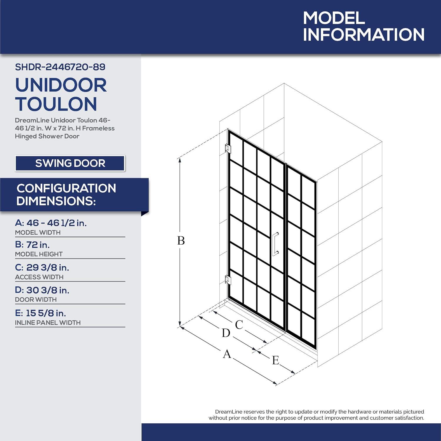 Unidoor Toulon 46" W x 72" H Hinged Frameless Shower Door with ClearMax Technology