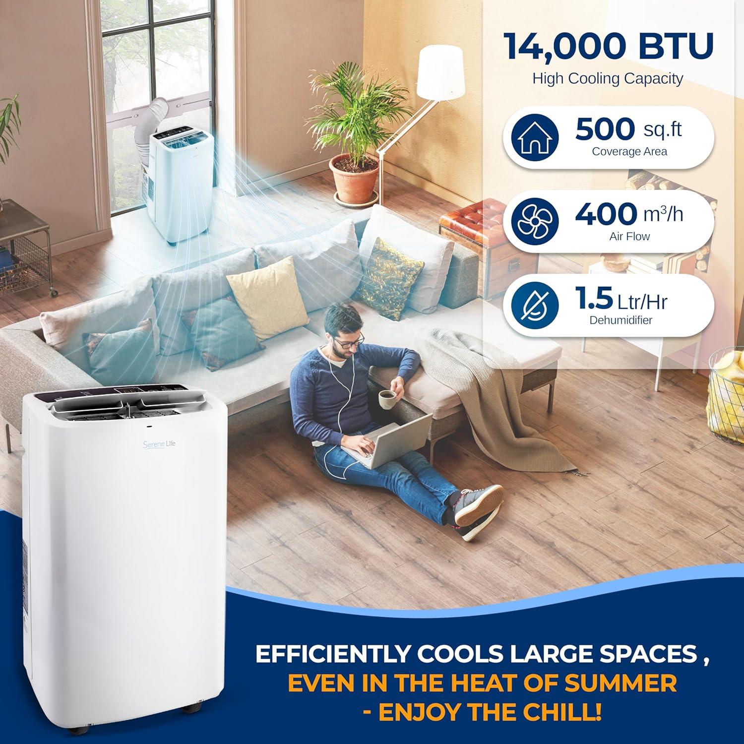 SereneLife Compact Home AC Cooling Unit with Built-in Dehumidifier & Fan Modes, 14,000 BTU, (White)