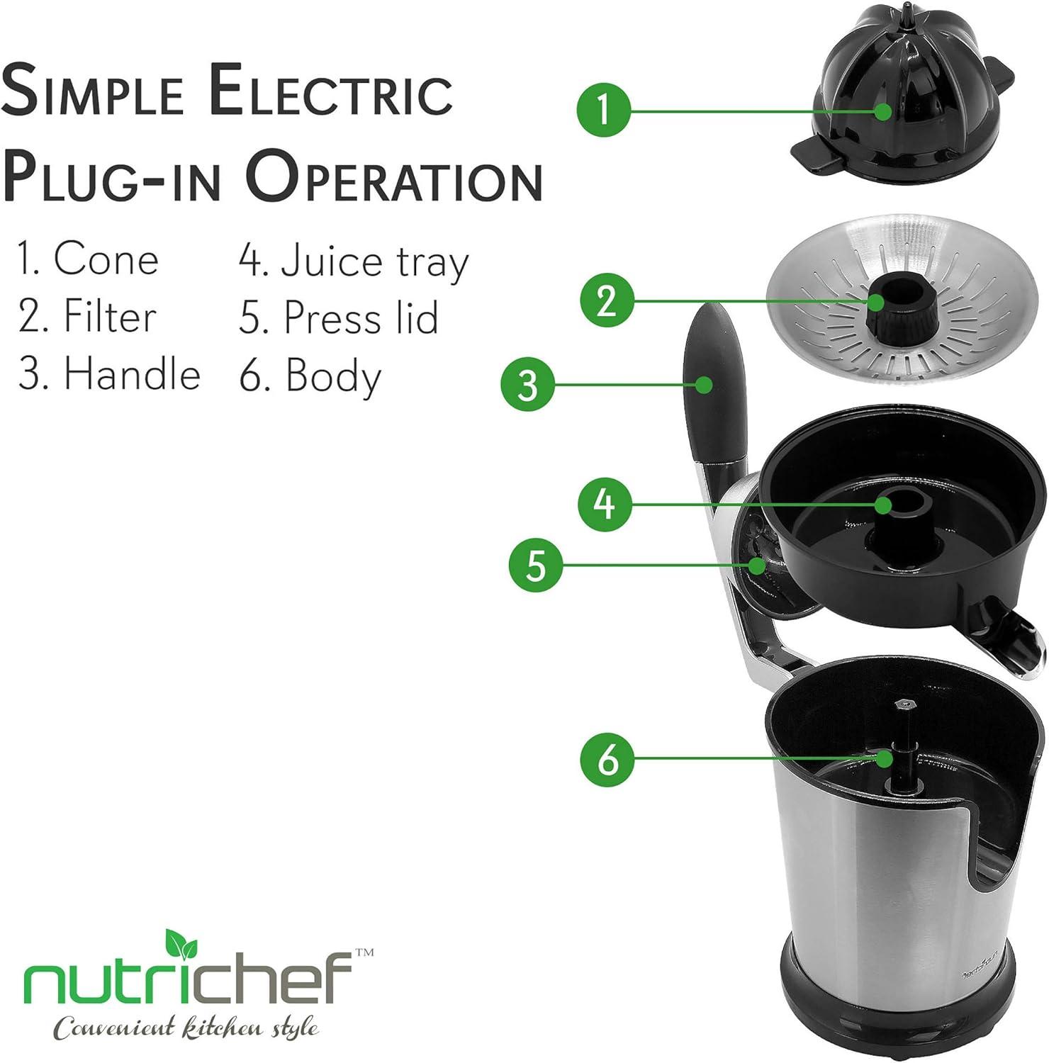 NutriChef Electric Fruit & Citrus Juicer with Manual Press Handle - PKJCR305, Stainless Steel