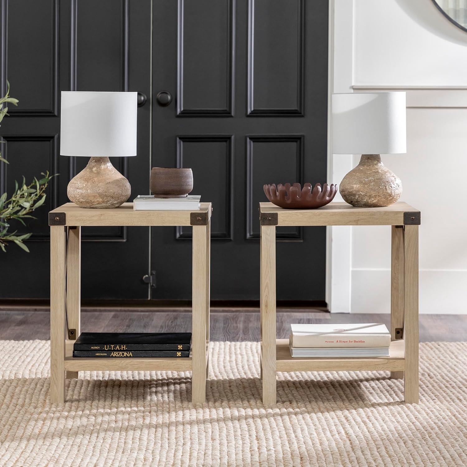 Farmhouse Metal-X End Tables with Lower Shelf in Gray Wash (Set of 2)