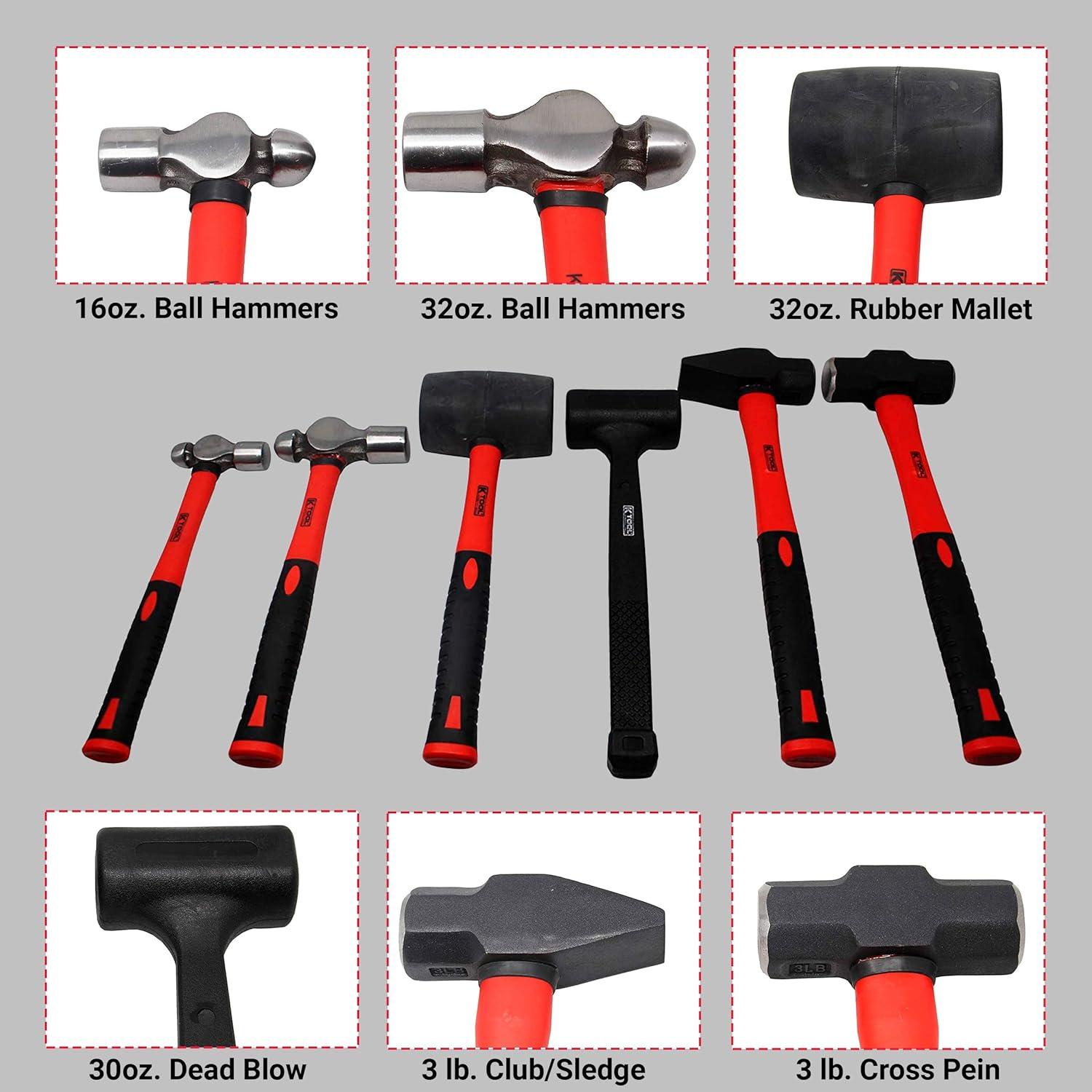 6 Piece Carbon-Steel Forged Hammer Set with Fiberglass Handles