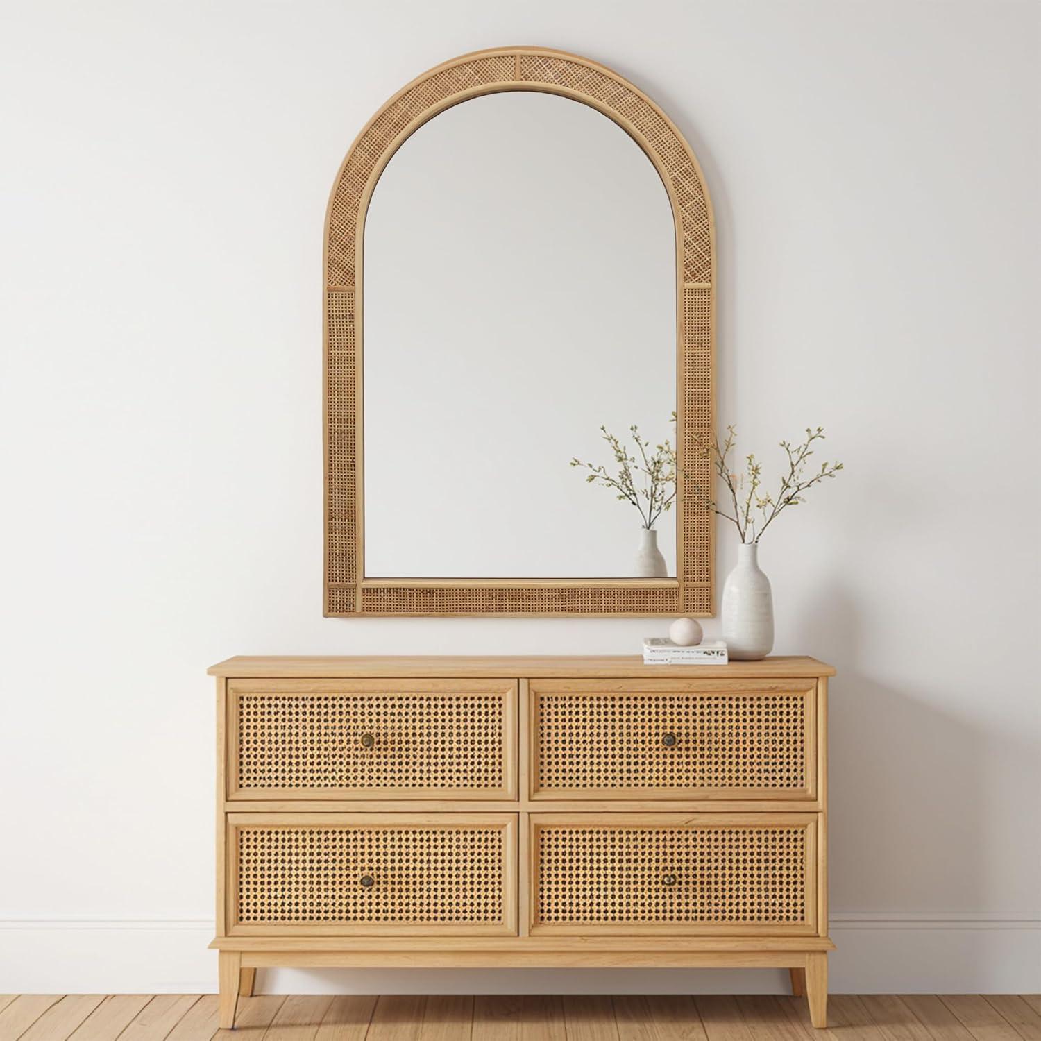 Parisloft Boho Arch Rattan Mirror - 25.5 x 37.4 Inch, Decorative Wall Mirror for Bathroom, Bedroom or Living Room, Natural
