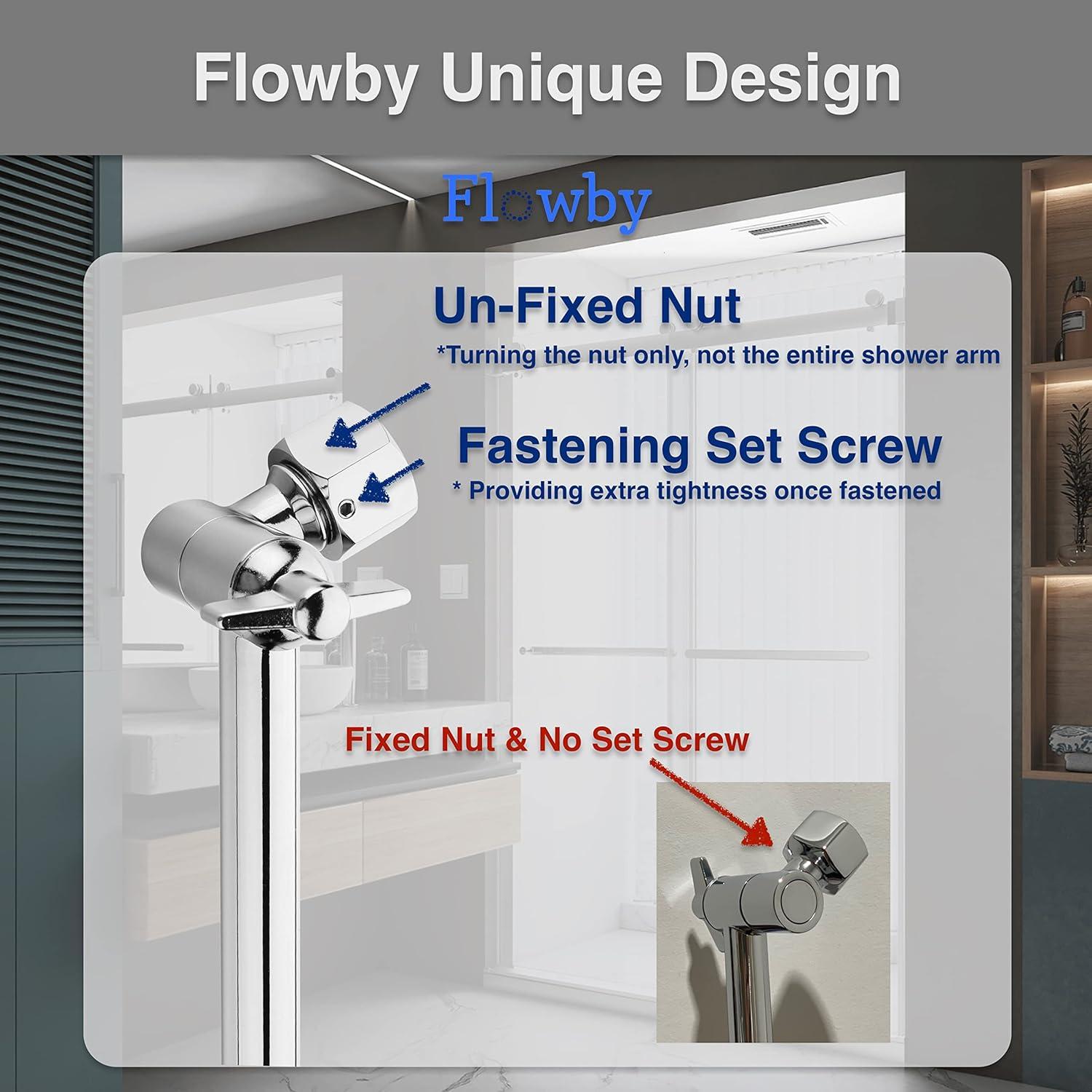Flowby 𝟭6'' 𝗘𝘅𝘁𝗿𝗮 𝗟𝗼𝗻𝗴 Adjustable Solid Brass Chromed Shower Head Extension Arm, With Setting Screw and Locking Nuts, Extra Load of Weight, Height and Range Adjustable, Easy Installation