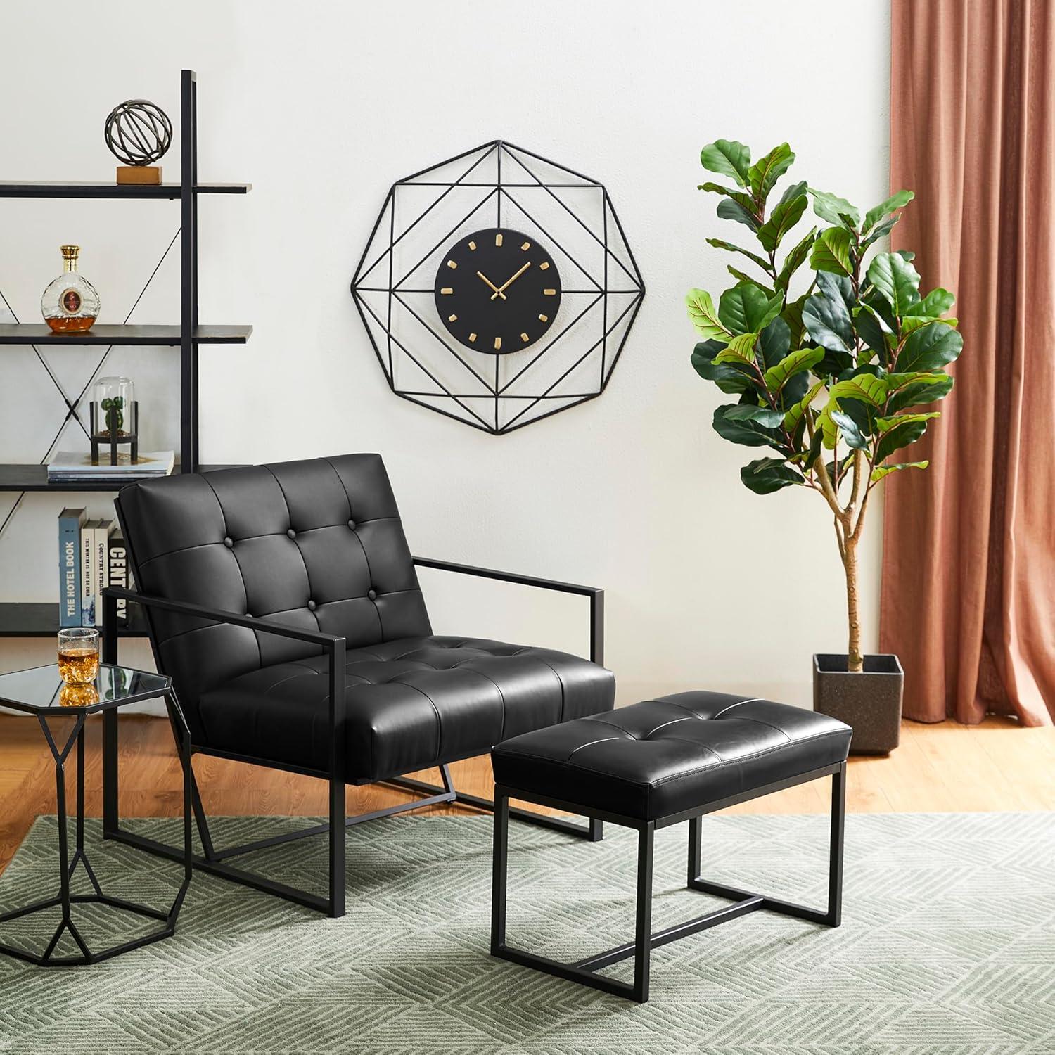 Modern Black Faux Leather Tufted Ottoman with Metal Frame