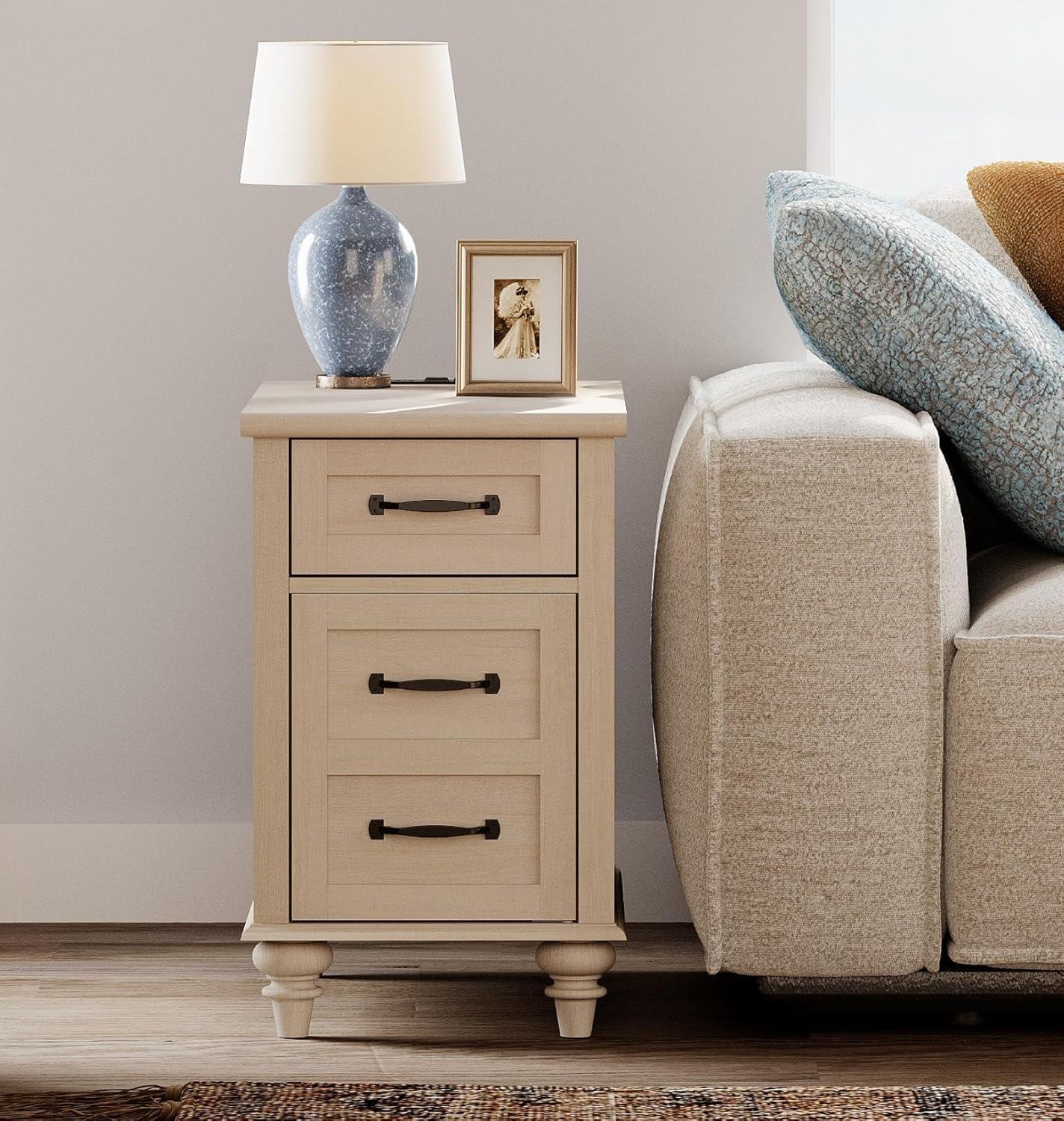 WAMPAT Beige End Table with Charging Station, Narrow Side Table with 1 Drawer &1 Storage Cabinet, Mid Century Modern Nightstand with Power Outlets & USB Ports for Living Room, Bedroom