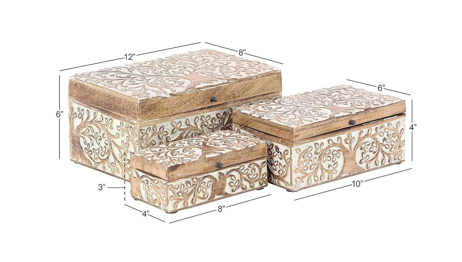 Olivia & May Set of 3 Rustic Carved Mango Wood Boxes : Handmade Keepsake Storage