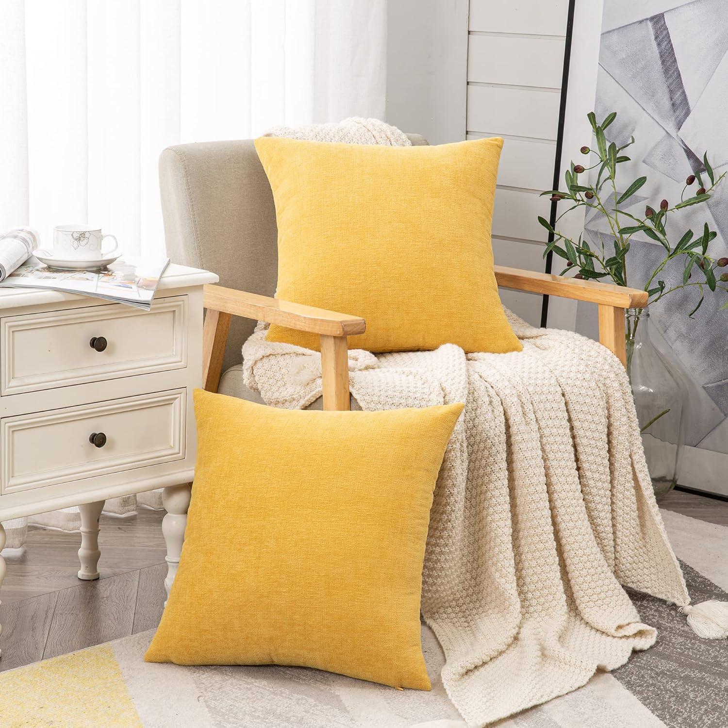 Yellow 20" Square Chenille Pillow Covers with Piped Edges