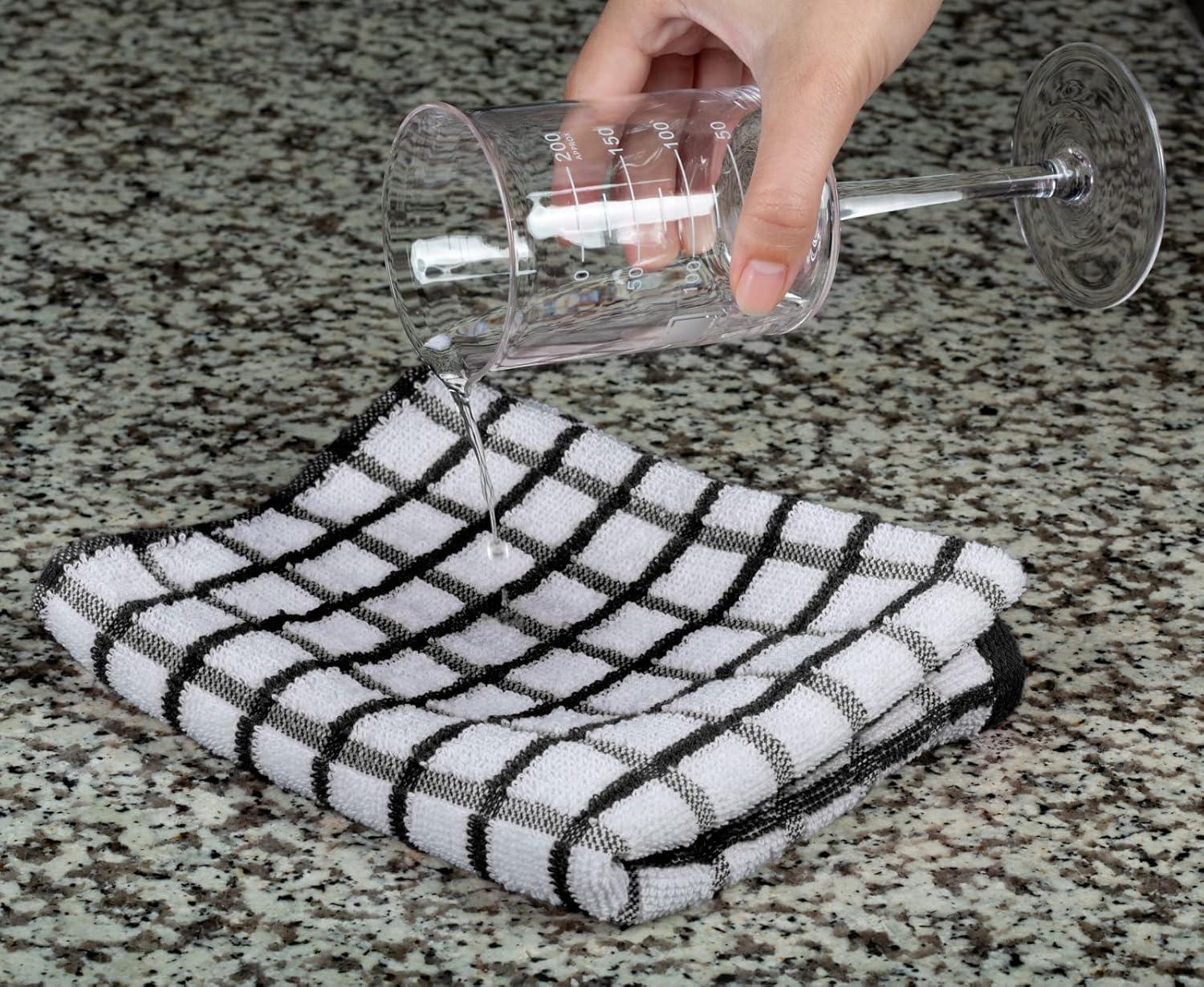 White Classic 100% Cotton Checkered Design Kitchen Towel Set of 8 - 16x26" Black