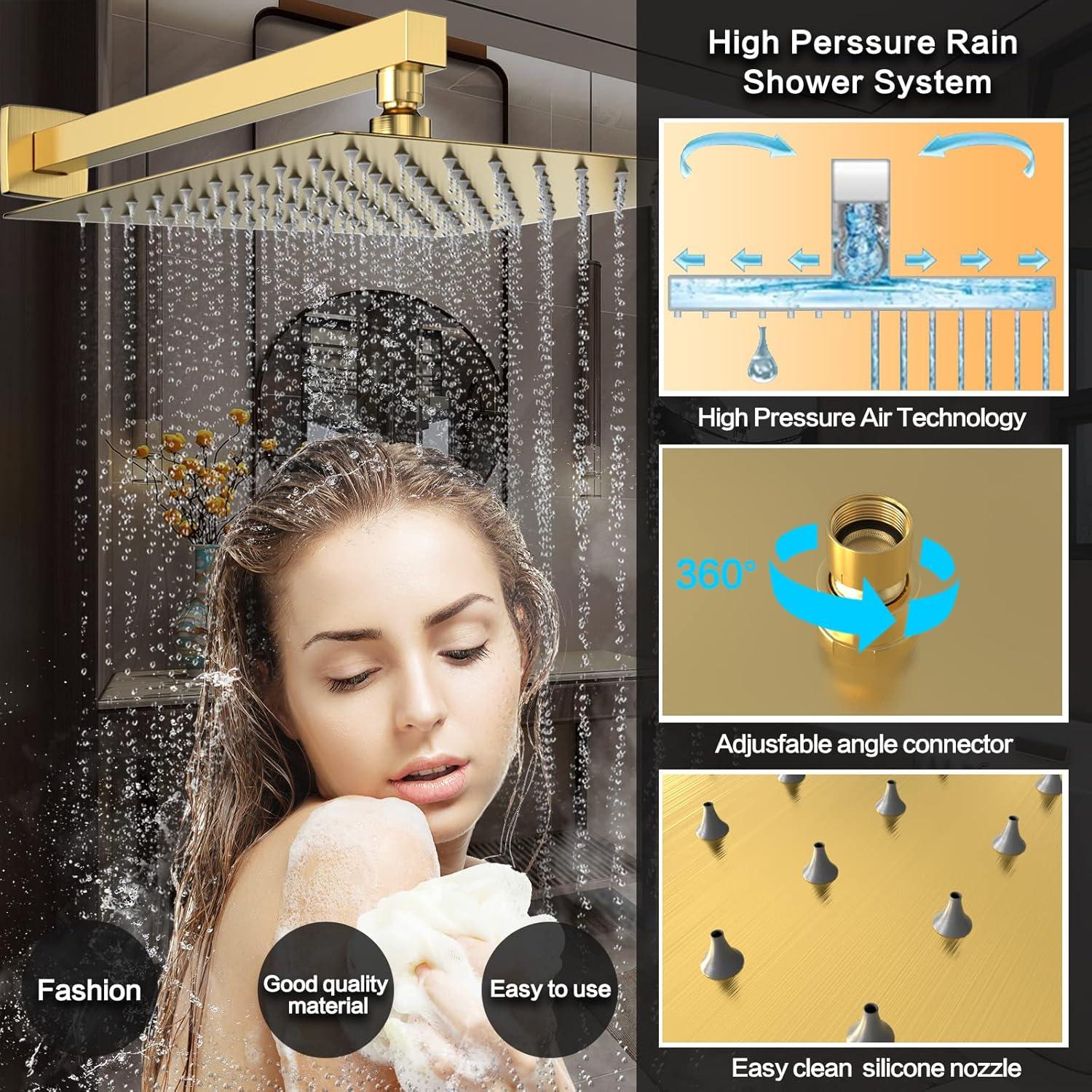 Shower system, 12" (approx. 30.5 cm) rain shower head and handheld spray bathroom shower unit with brass valve and wall trim kit Gold