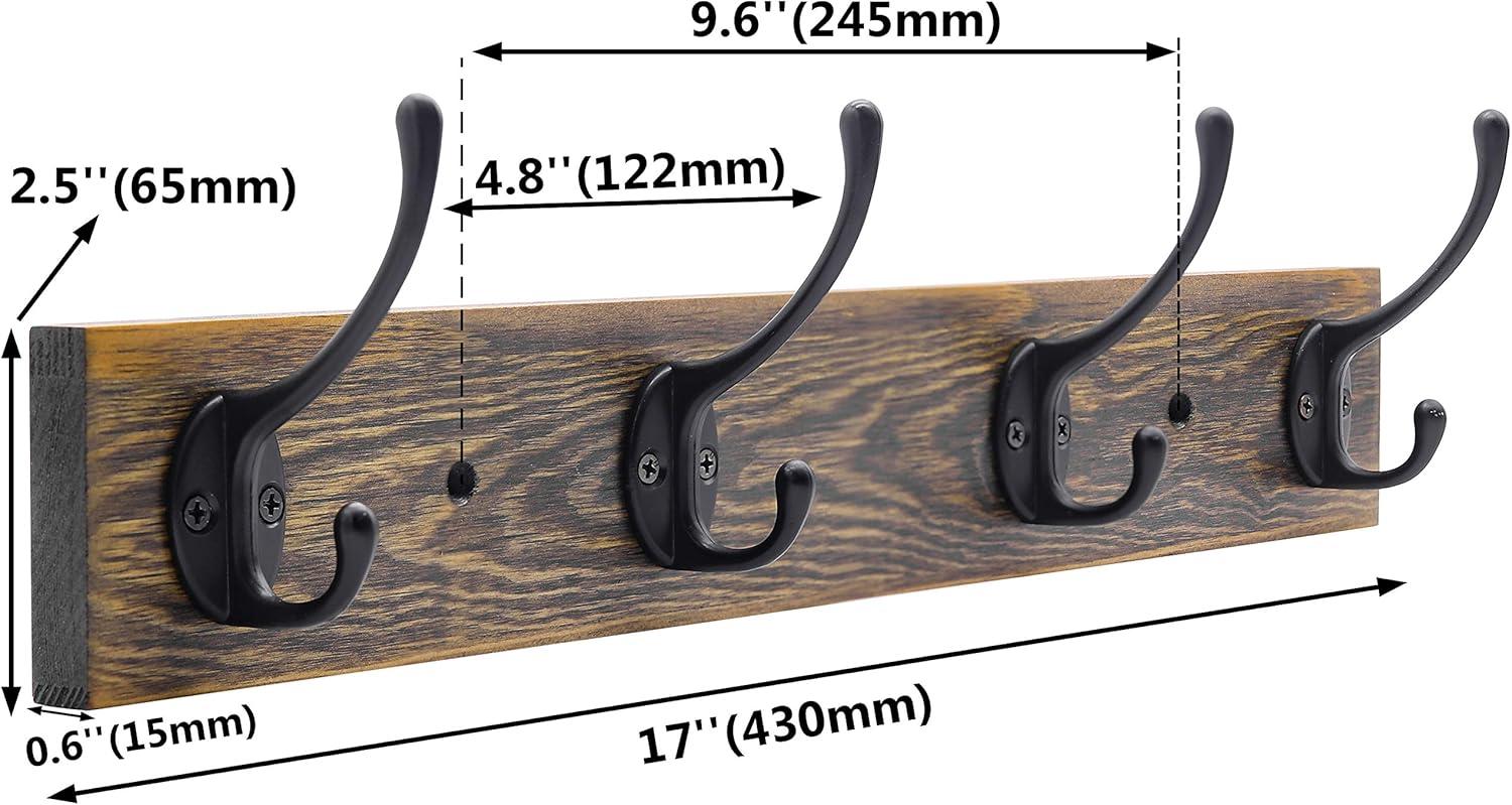 Futeen Wall Mounted Wooden Coat Rack with 4 Black Zinc alloy Hooks