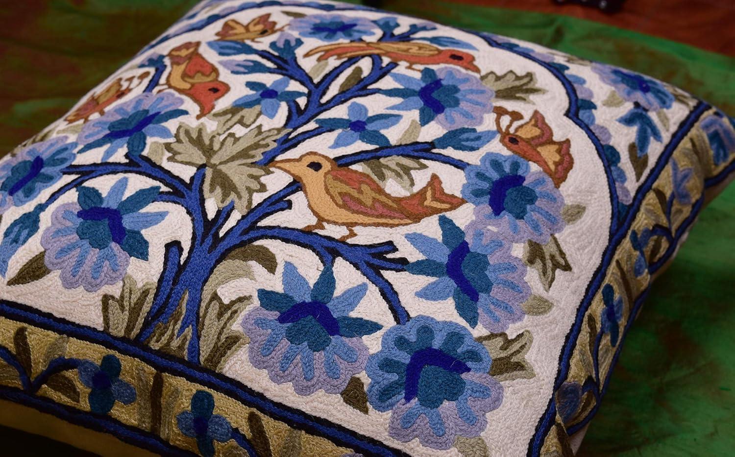 Teal Blue Embroidered Cotton Euro Pillowcase with Birds