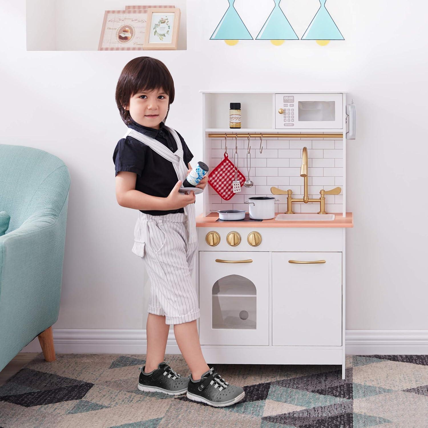 Teamson Kids Little Chef Boston Wooden Pretend Play Kitchen Set with Oven, Microwave and Acessory Set