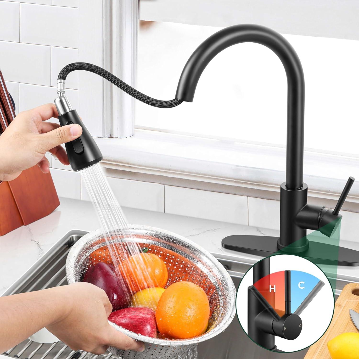 Black Kitchen Faucet with Soap Dispenser Stainless Steel Single Handle Kitchen Sink Faucet with Pull Down Sprayer for Single Hole or 3 Holes