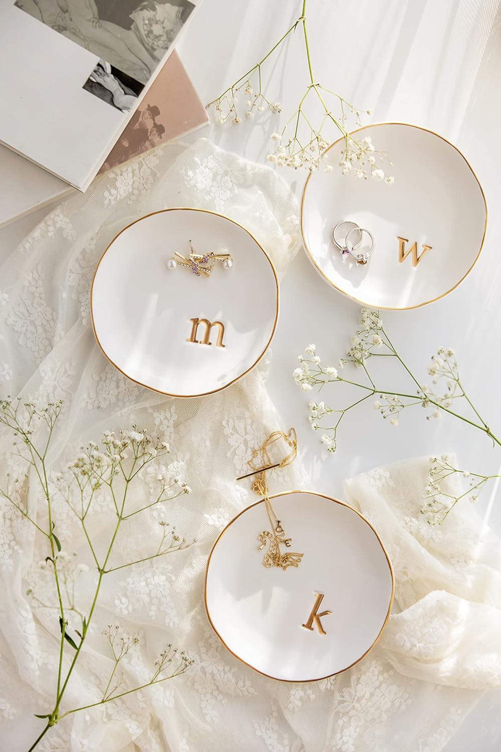 White Ceramic Jewelry Dish with Gold Monogram Accent